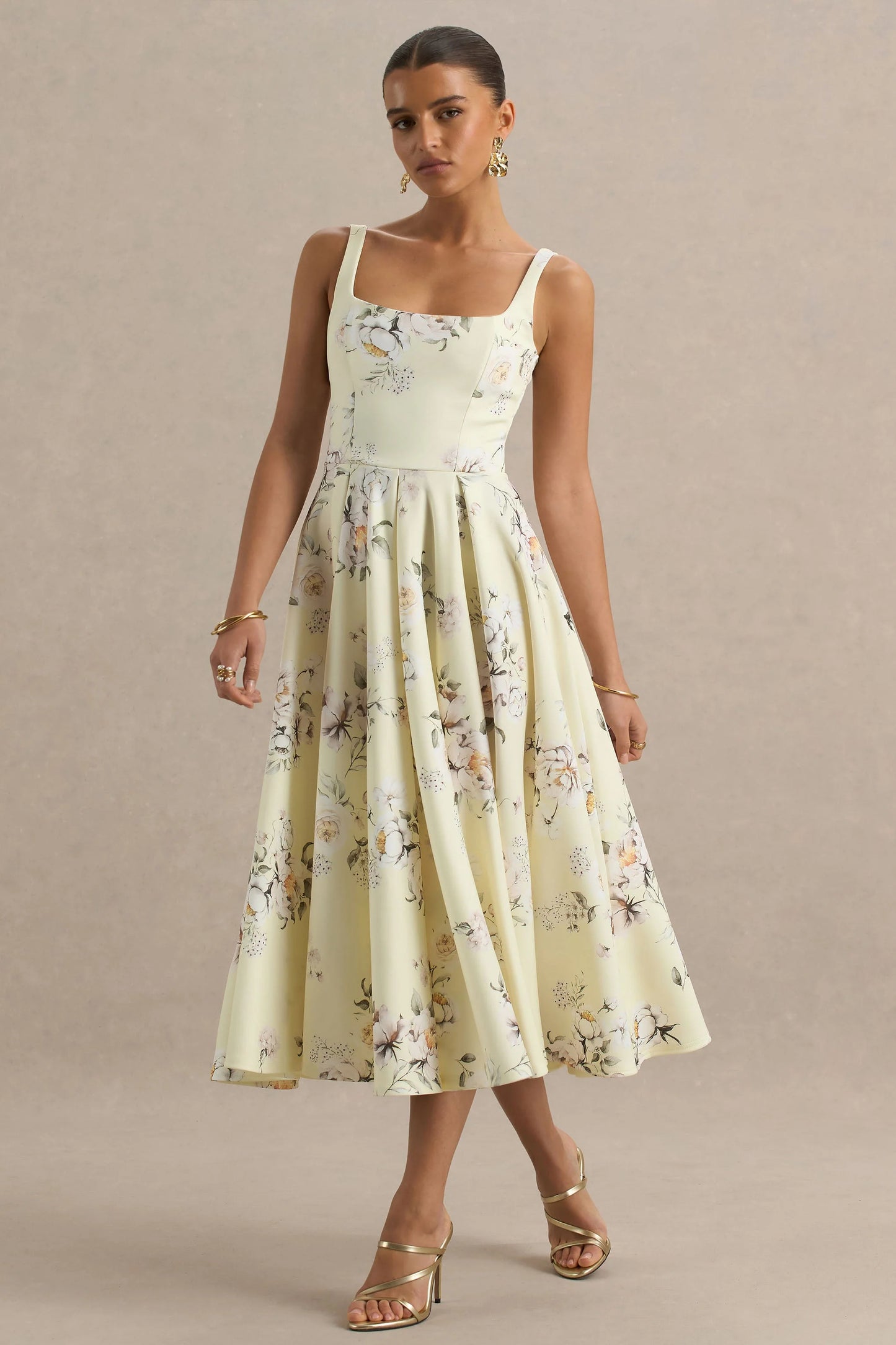 Lissa Lemon Floral Bouquet Print Square-Neck Midi Dress