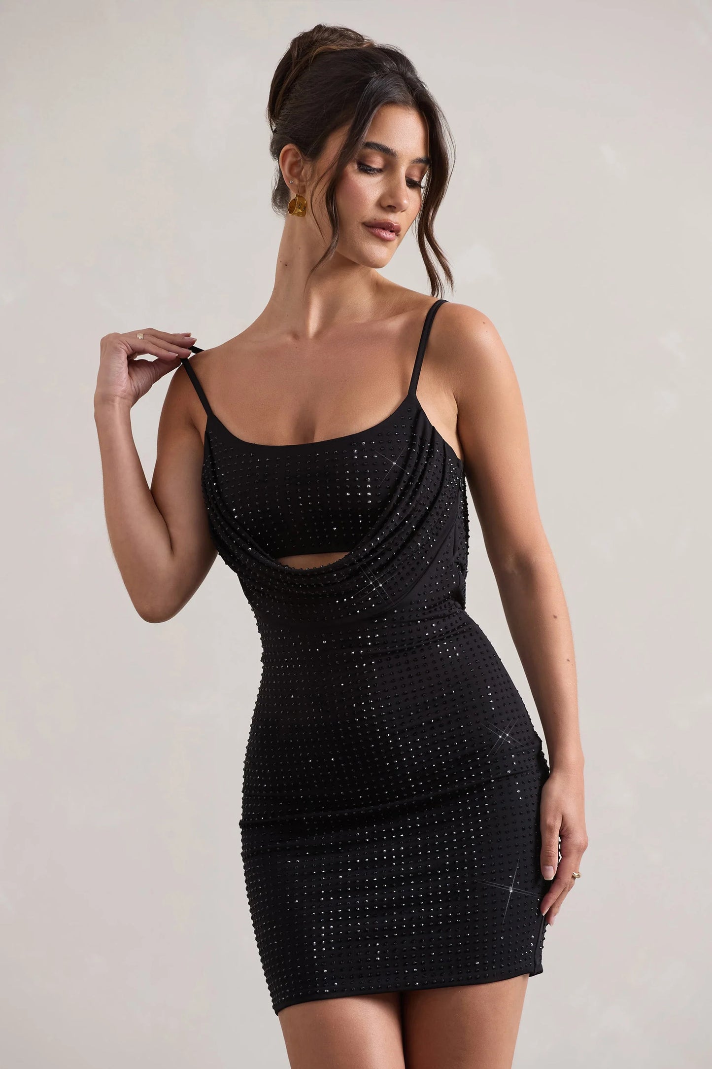 Last Dance Black Embellished Strappy Cowl-Neck Mini Dress