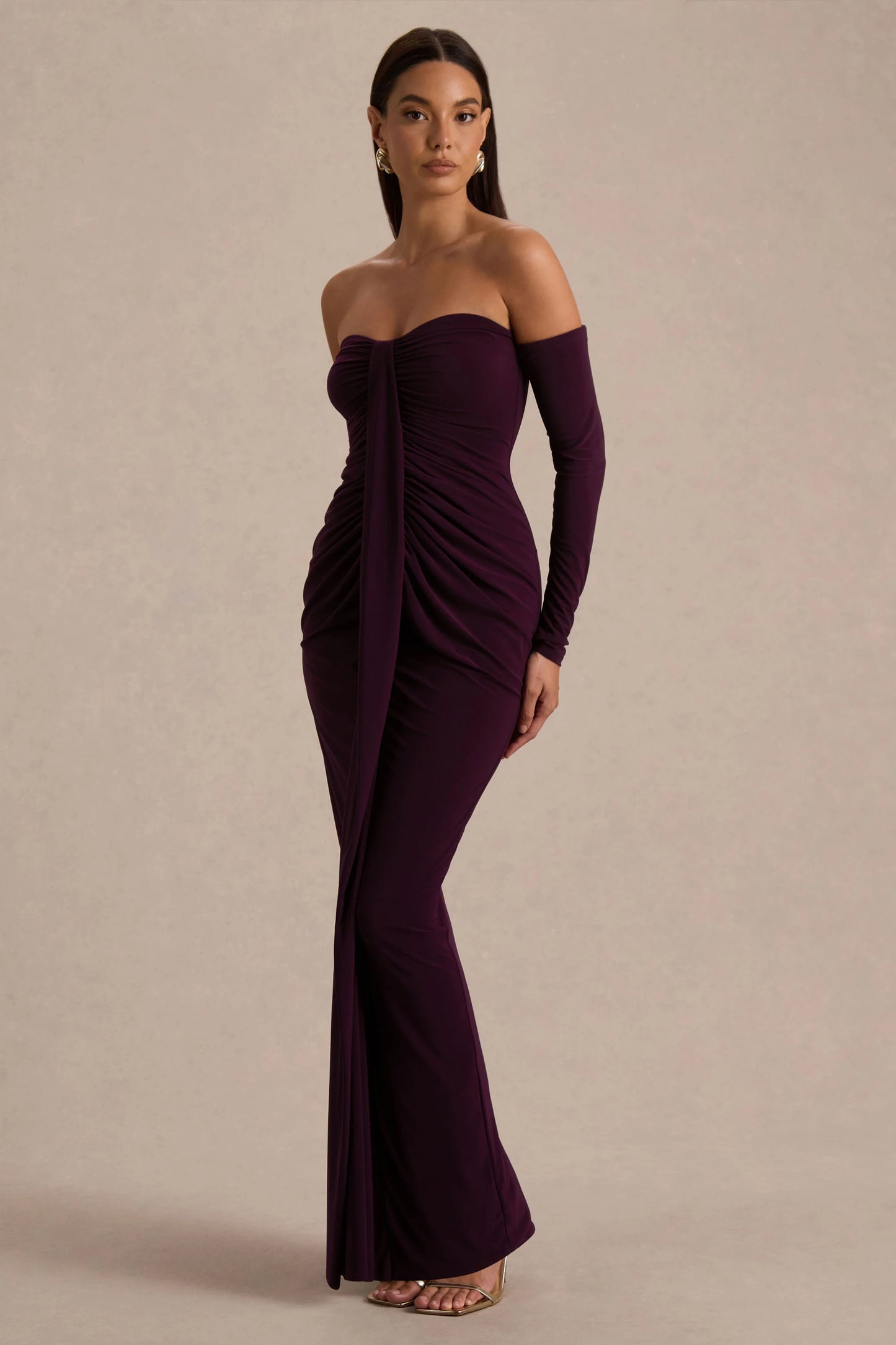 Harper Plum Bardot-Neck Maxi Dress
