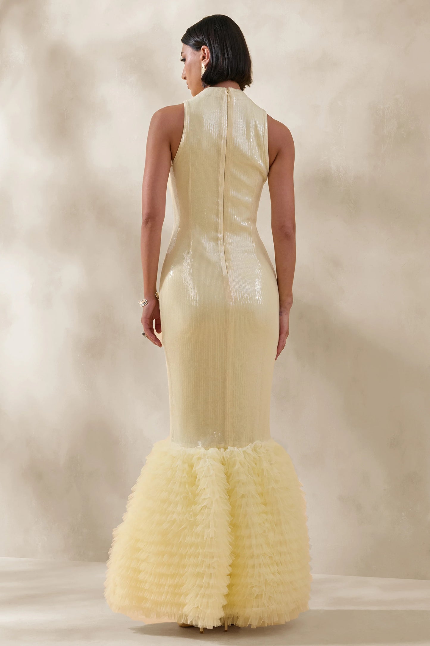 Teila Lemon Sequin High-Neck Fishtail Maxi Dress