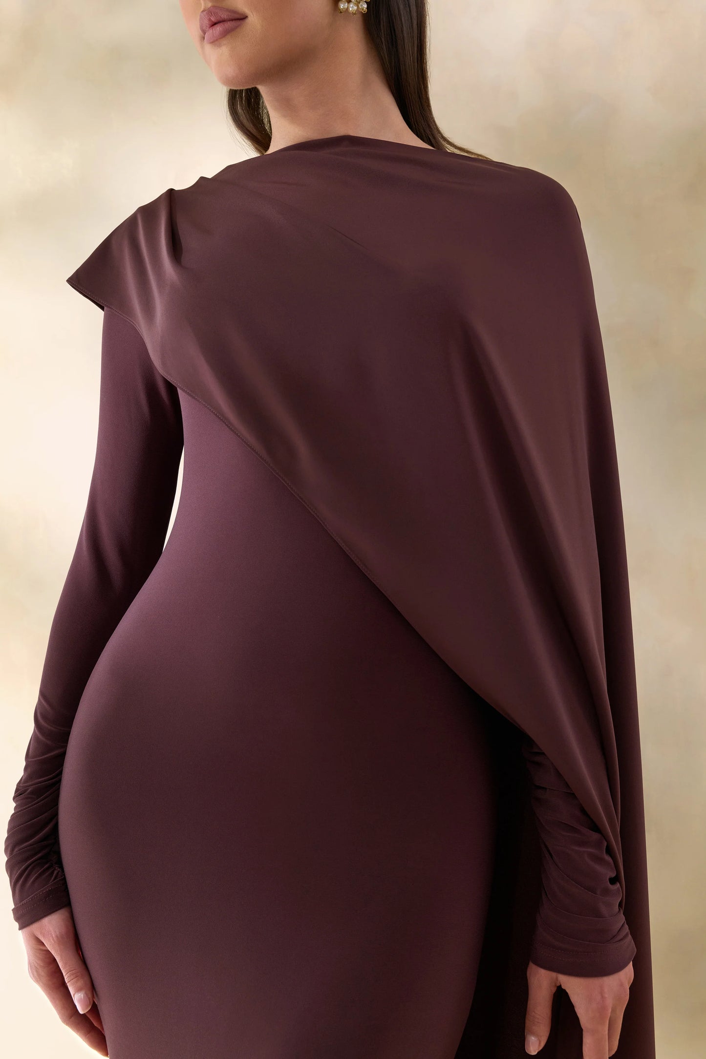 Salenne Brown Wide-Neck Maxi Dress With Satin Asymmetric-Cape