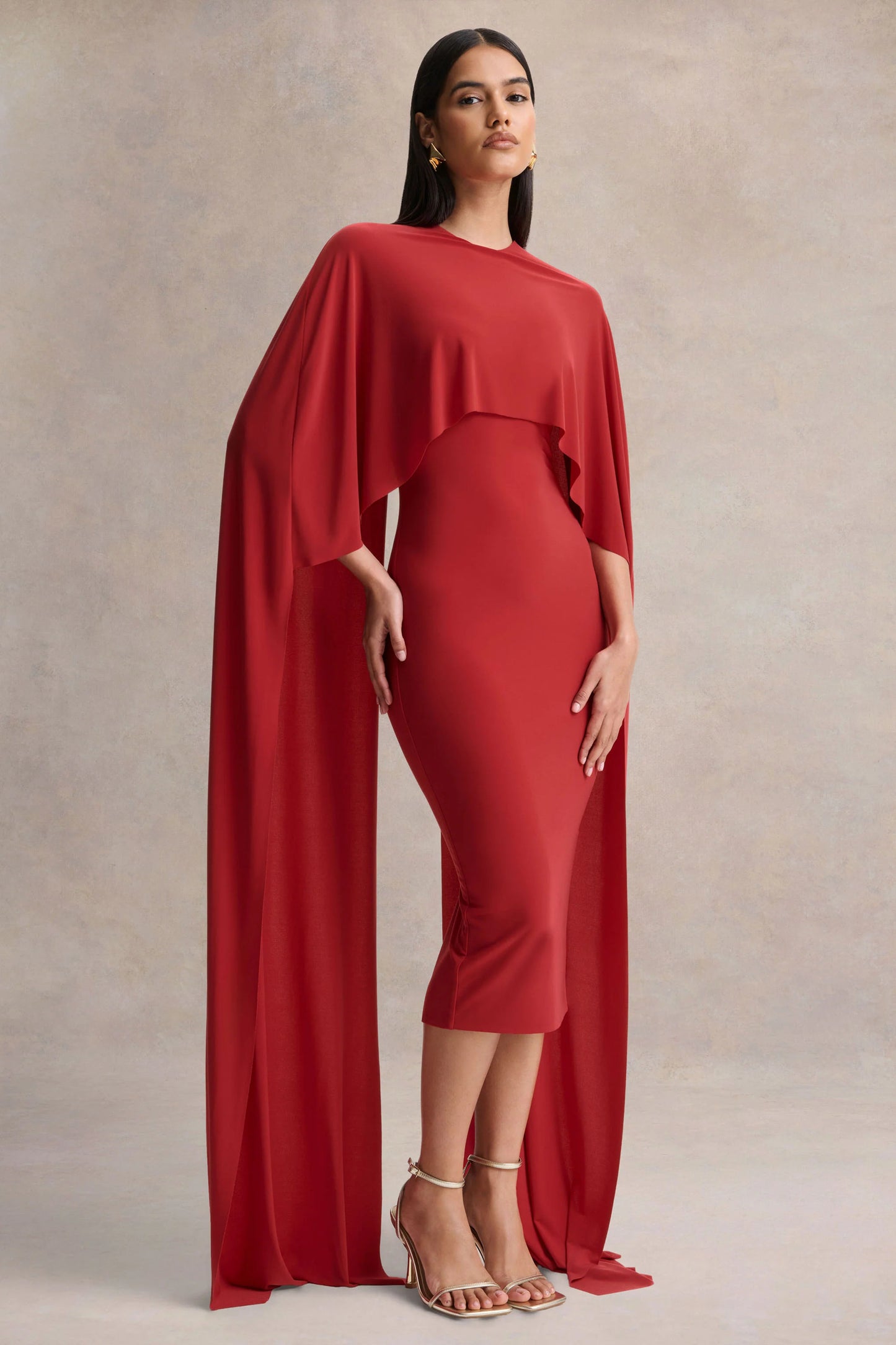 Kalani Red Crew-Neck Midi Dress With Cape-Sleeves