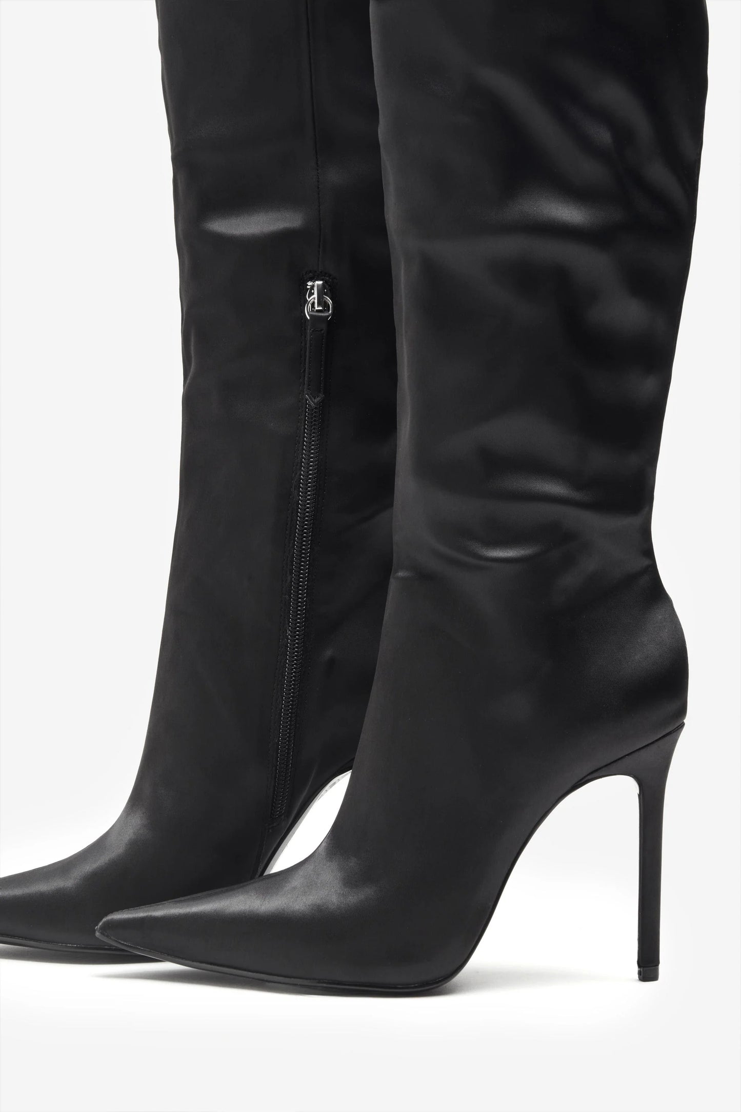 Soho Black Satin Pointed Heeled Boots With Feather Trims