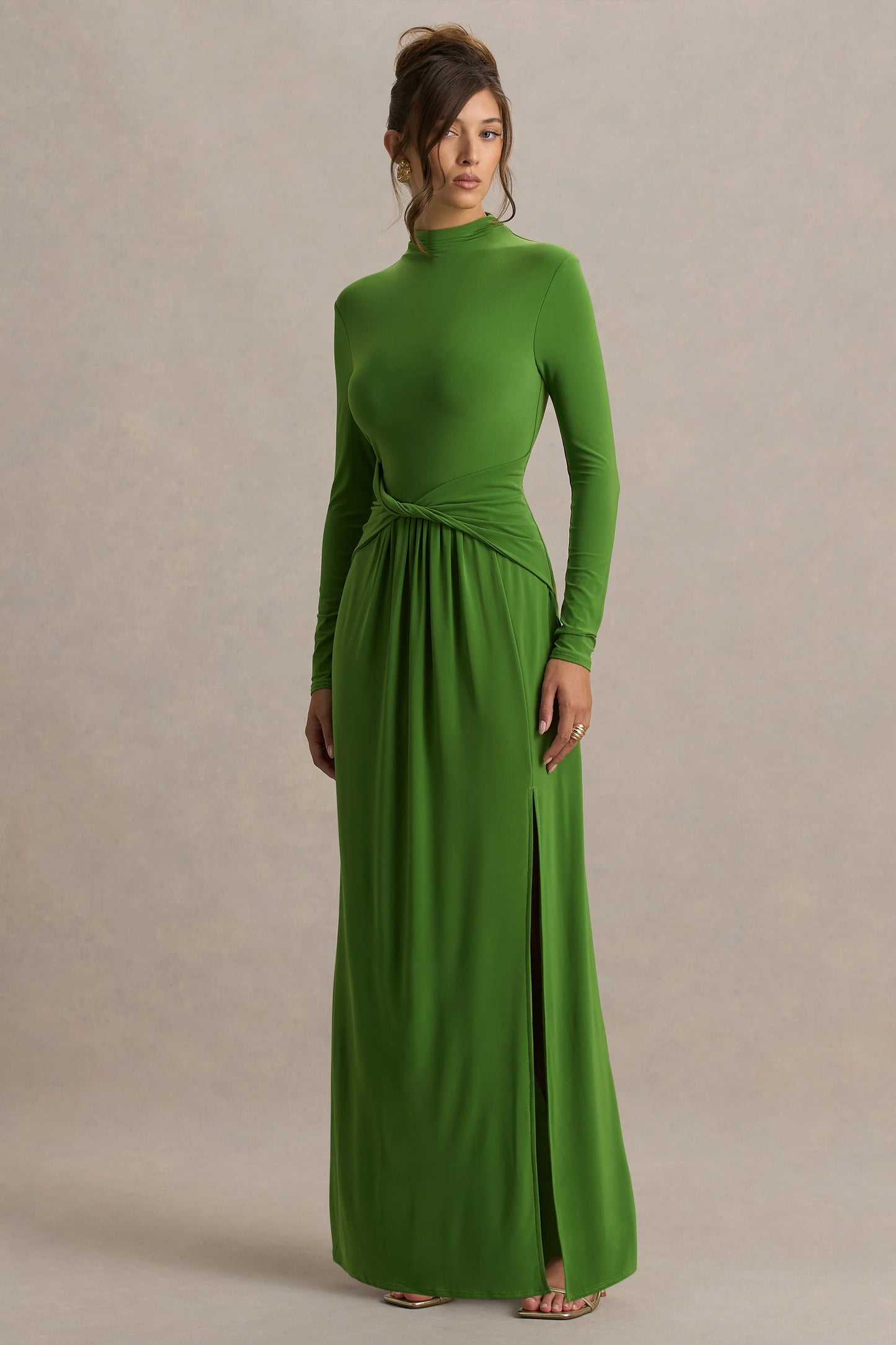 Hourglass Green Long-Sleeve Twisted Maxi Dress With Split
