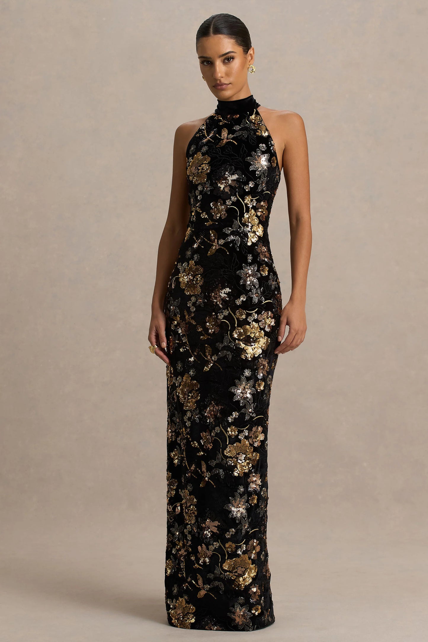 Tate Black Velvet Halter-Neck Maxi Dress With Bronze Floral Sequin Embellishments