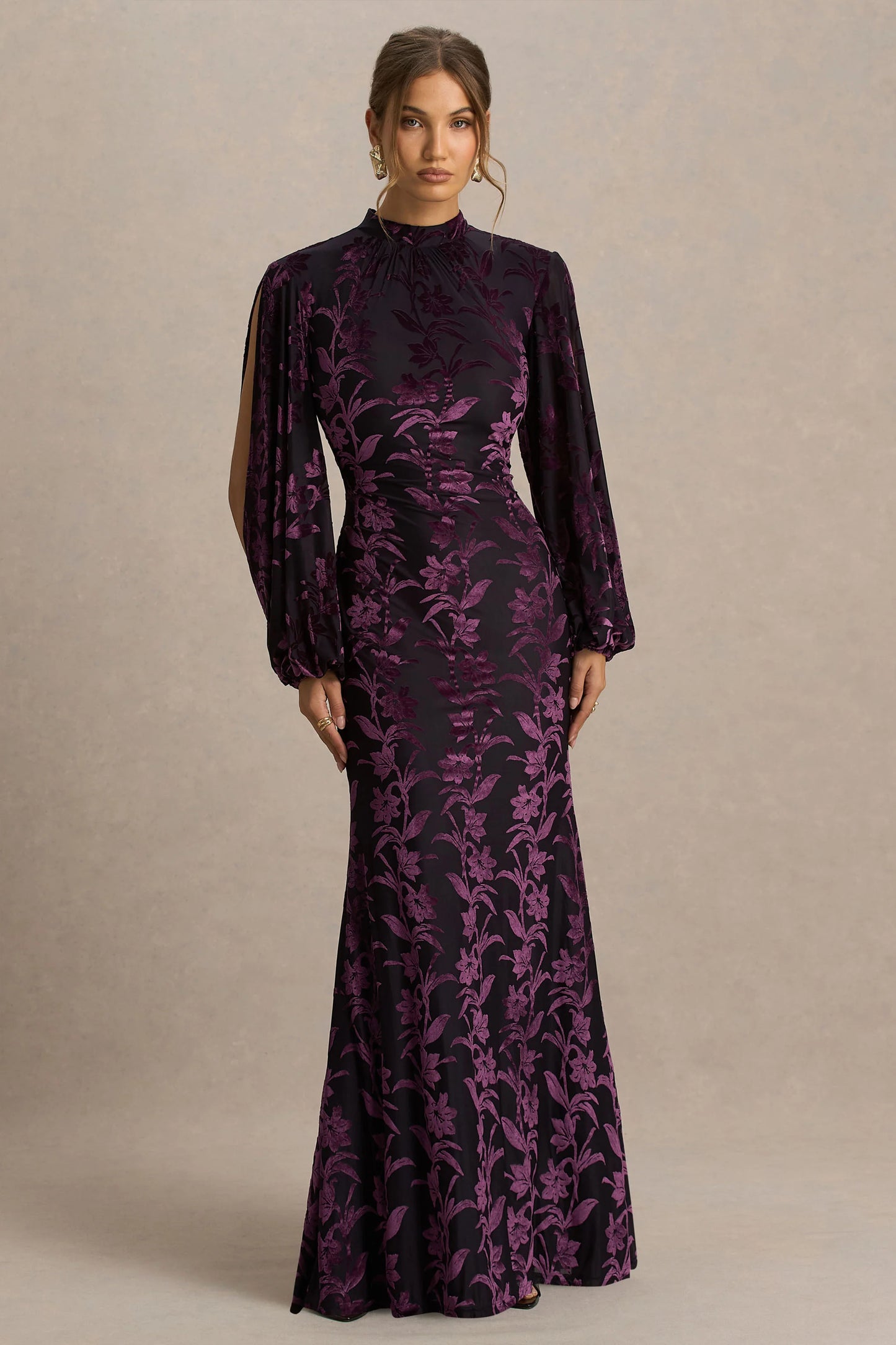 Janet Black And Purple Devore High-Neck Maxi Dress With Cut-Out Details