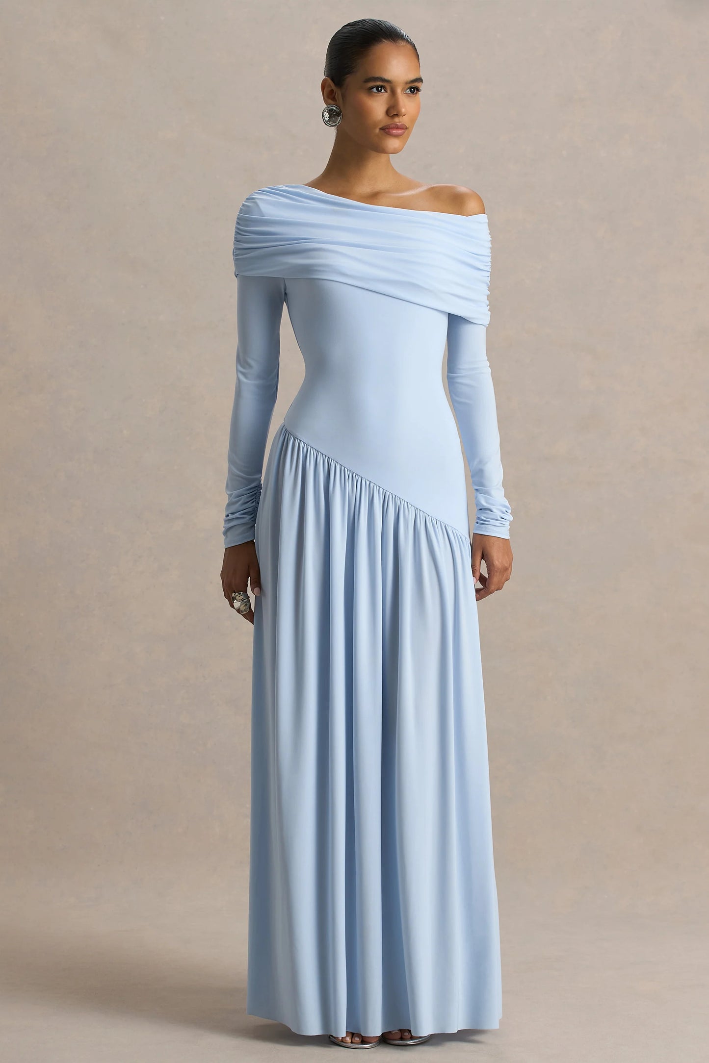 Farah Powder Blue Asymmetric-Neck Maxi Dress With Drop Waist And Ruched Detailing