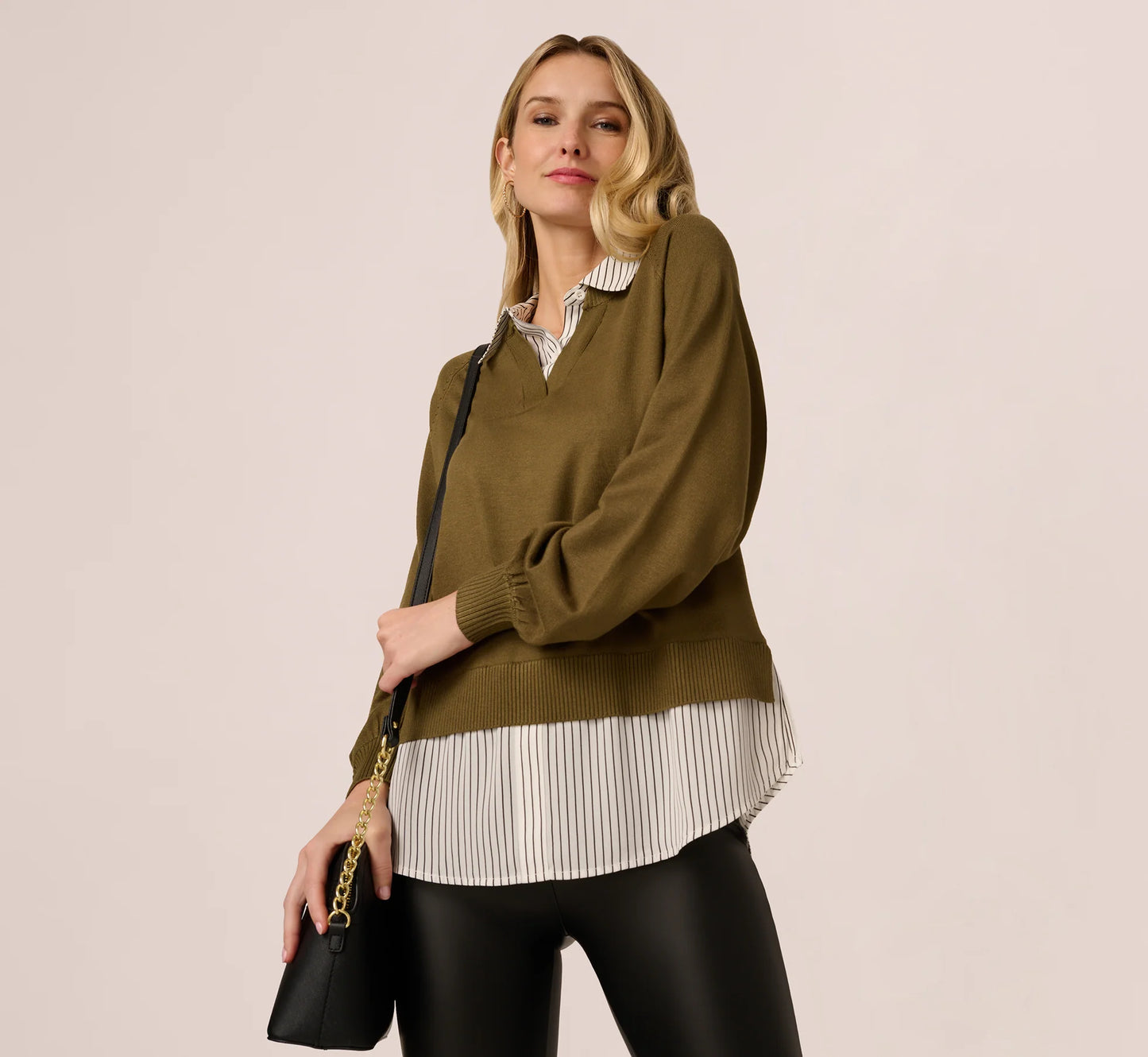Long Sleeve Collared Printed Twover Sweater In Oak Olive W Iv Blministripe