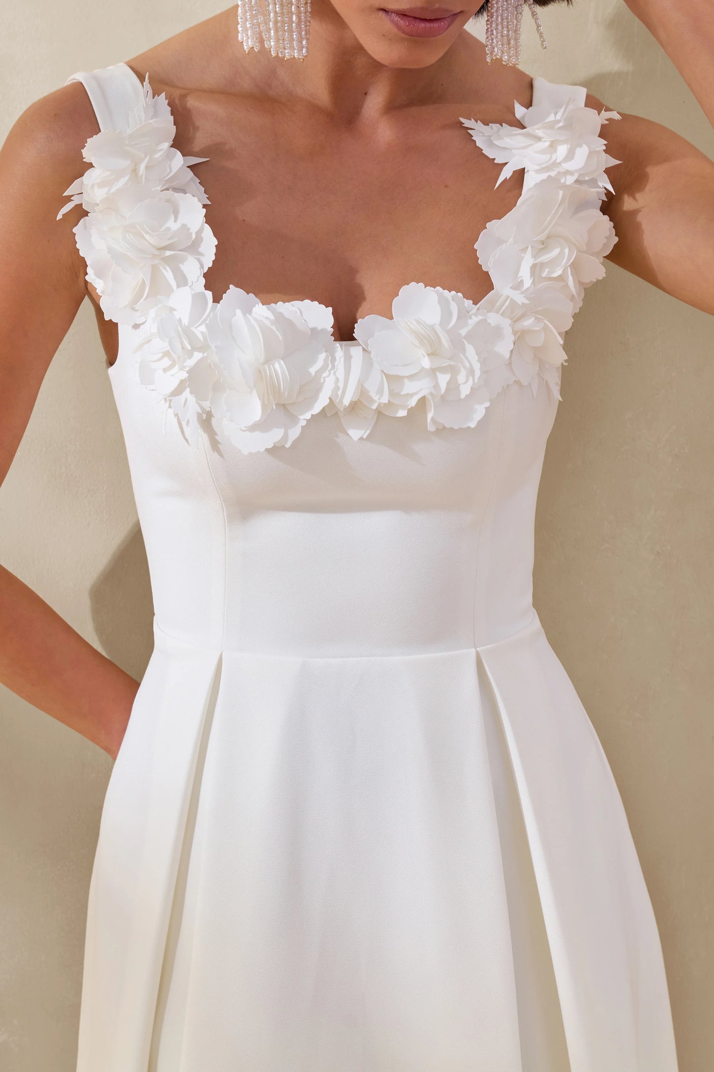 Maelle White Scoop-Neck Midi Dress With Corsage Detailing