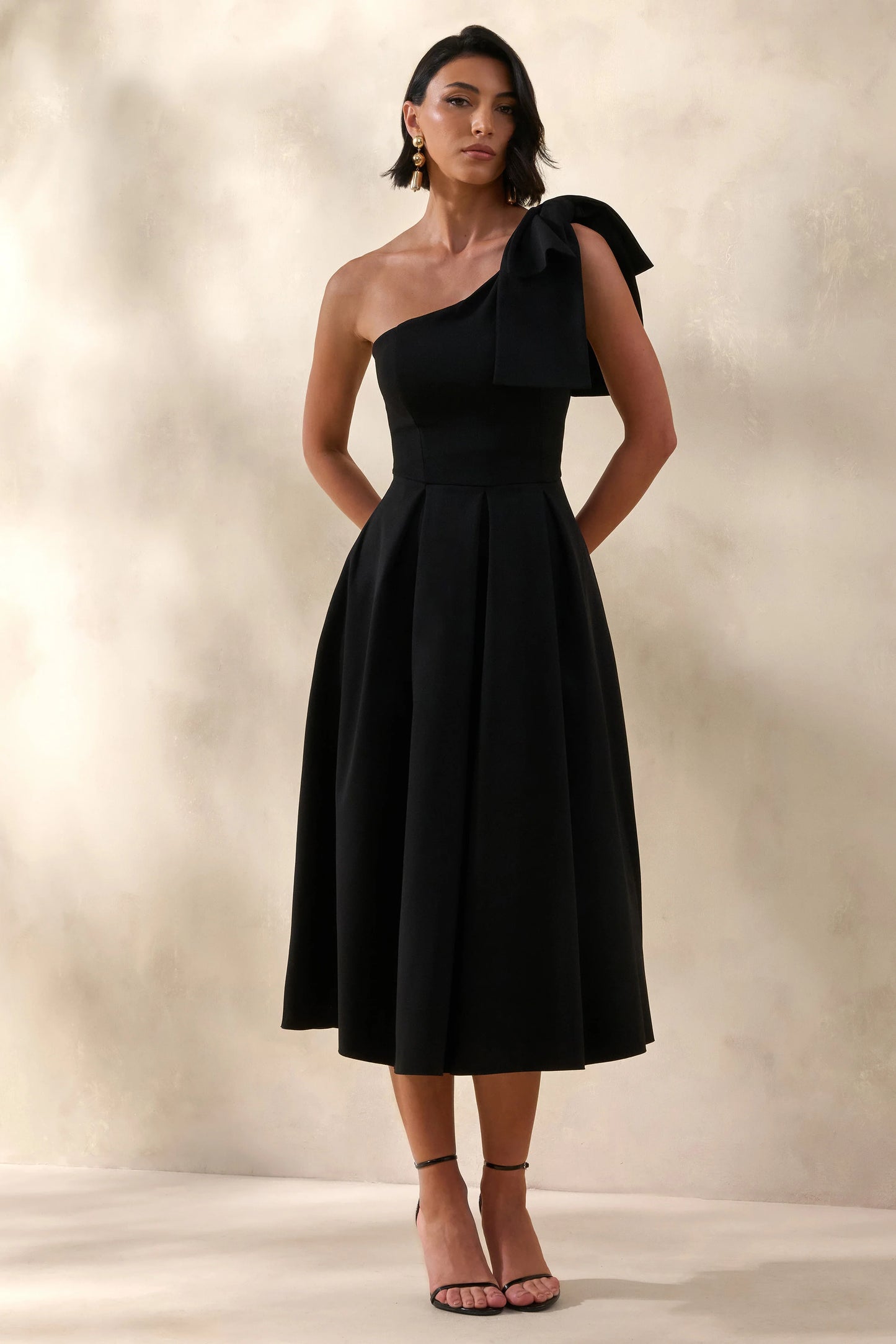 Meria Black Asymmetric-Neck Midi Dress With Bow-Sleeve
