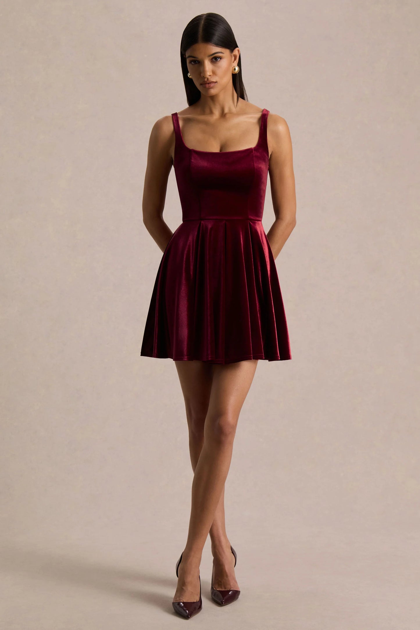 Roxanne Burgundy Velvet Square-Neck Mini Dress
