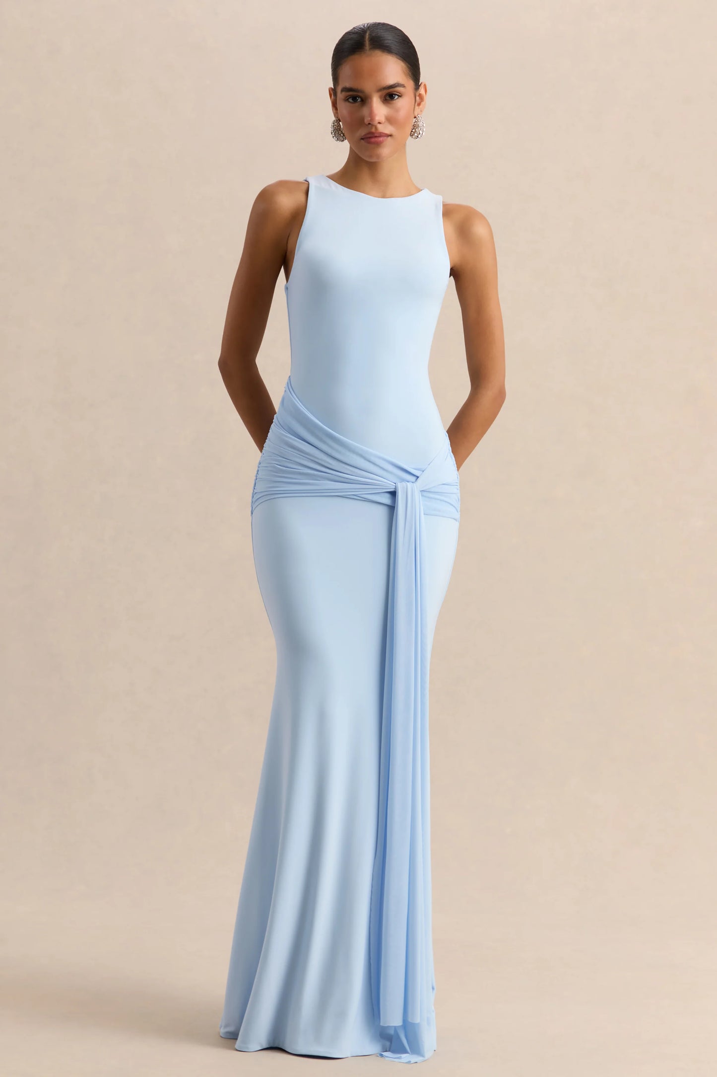 Mirene Powder Blue Round-Neck Maxi-Dress With Gathered-Detailing And Sash