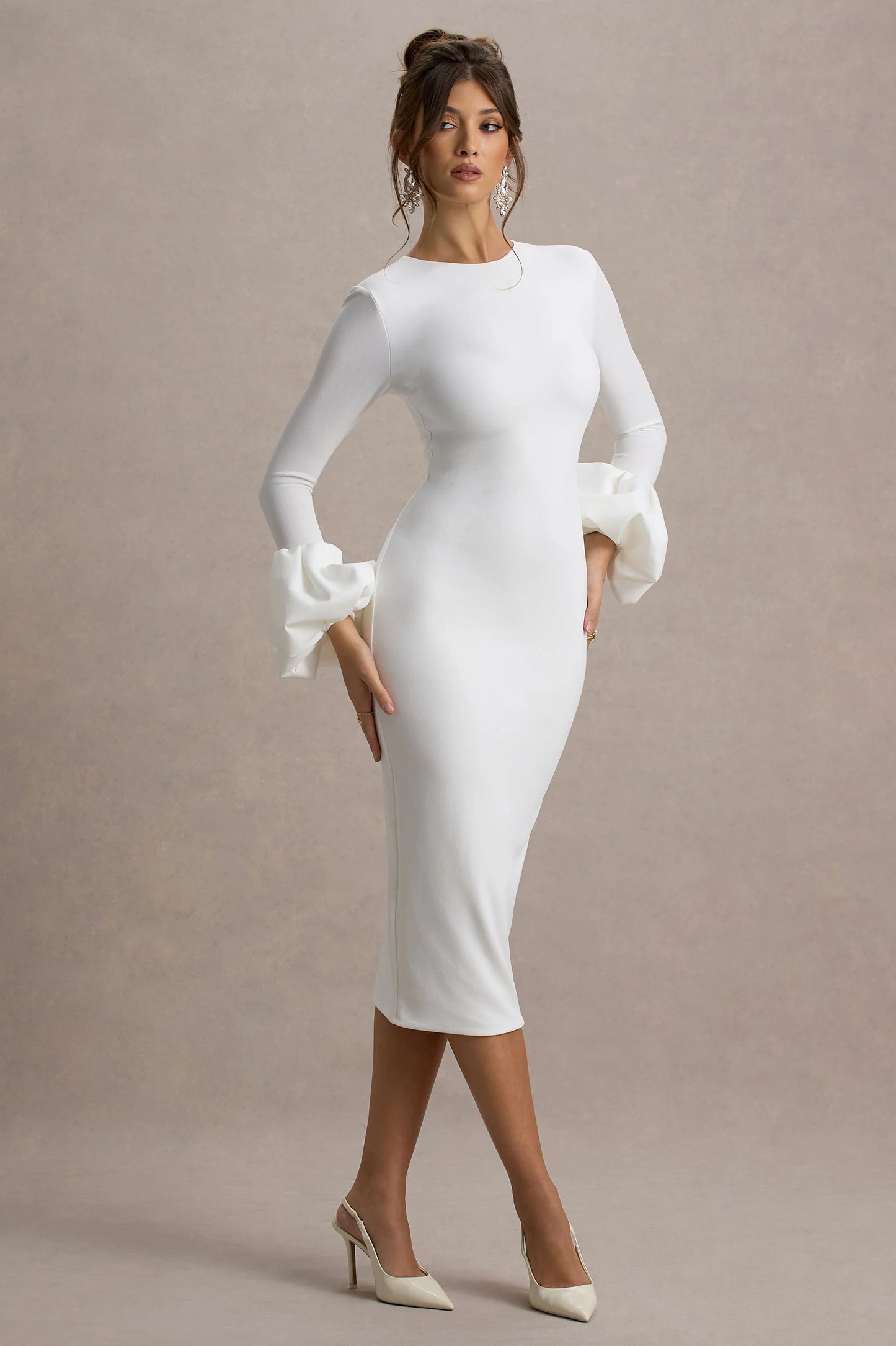 Celie White Long-Sleeve Midi Dress With Puff Cuffs