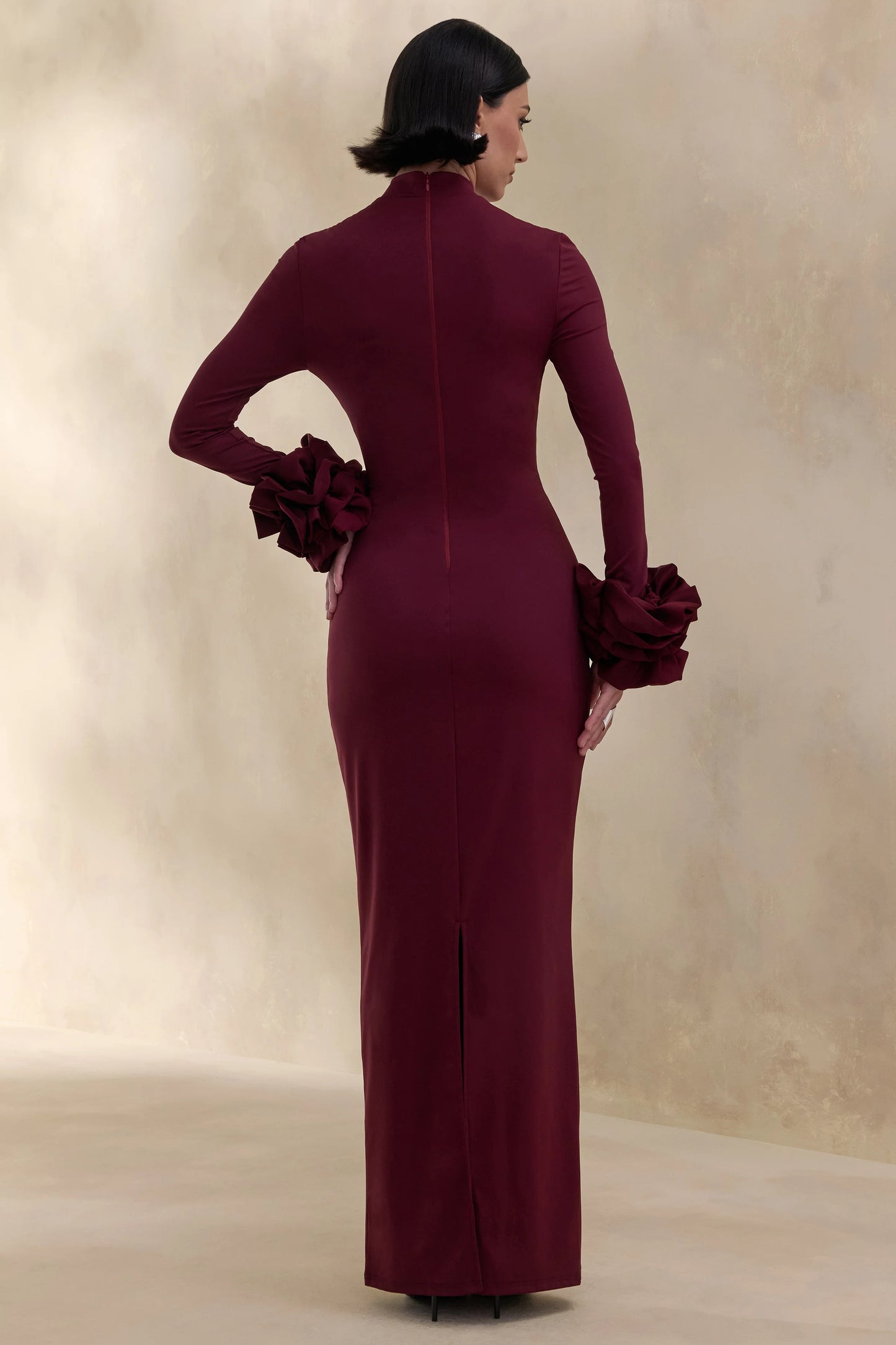 Jaselle Dark Plum High-Neck Maxi Dress With Ruffled Satin-Cuffs