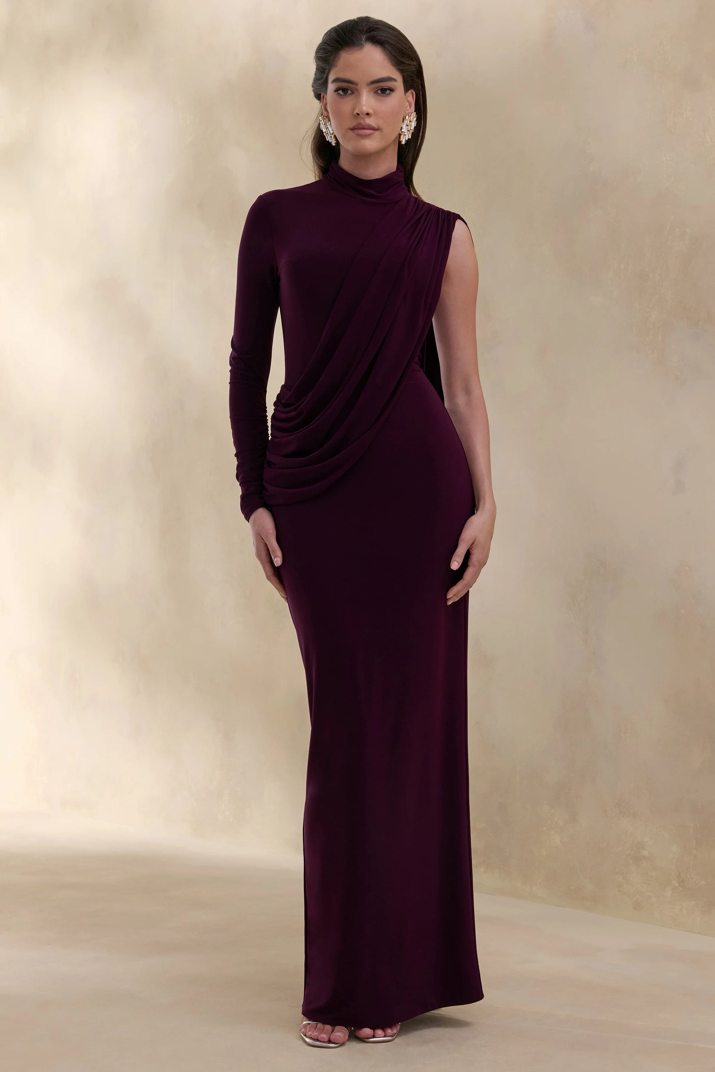 Oliria Dark Plum High-Neck Maxi Dress With One-Long Sleeve And Sash-Detail