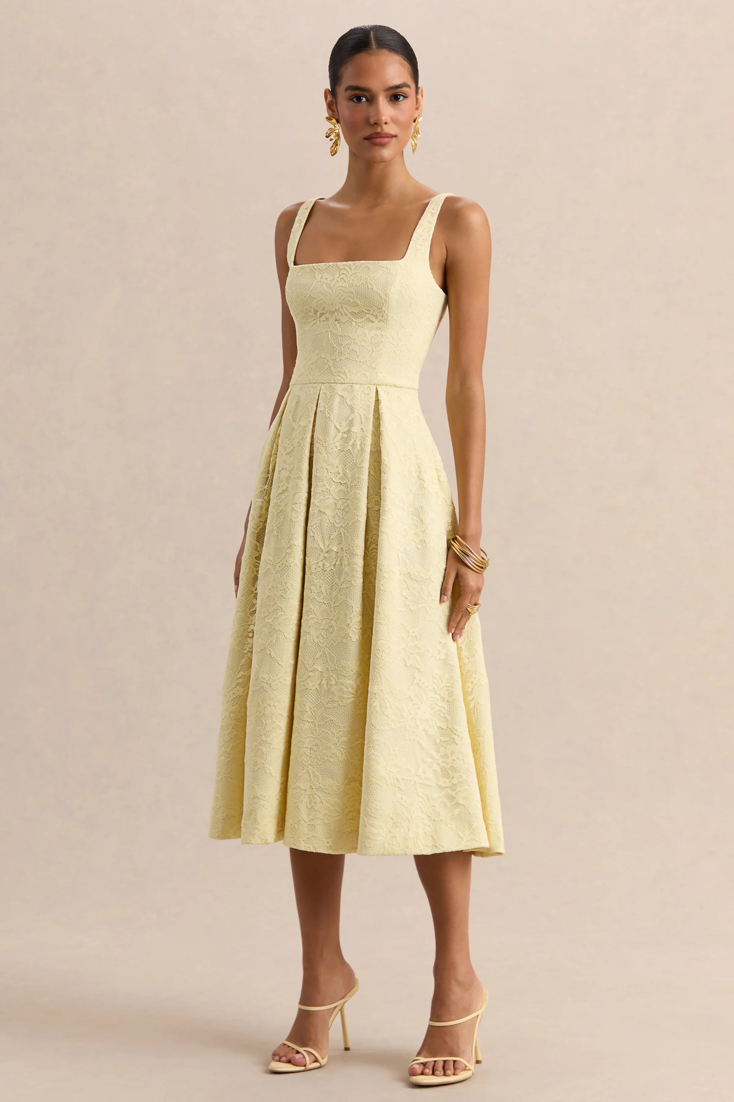 Ashmara Lemon Lace Square-Neck Midi Dress