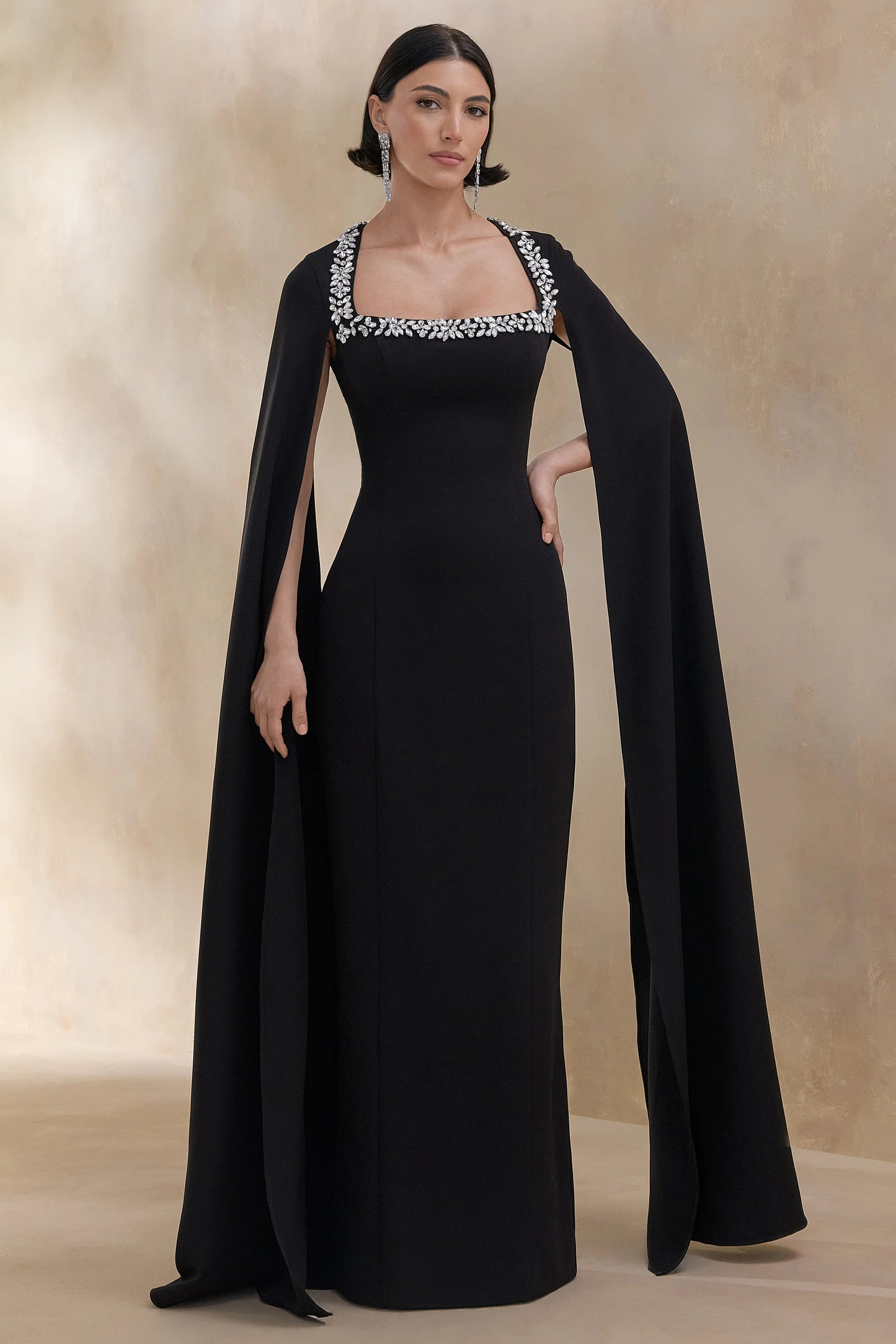 Glossy Black Woven Square-Neck Maxi Dress With Cape Sleeves and Hand-Embellished Detail