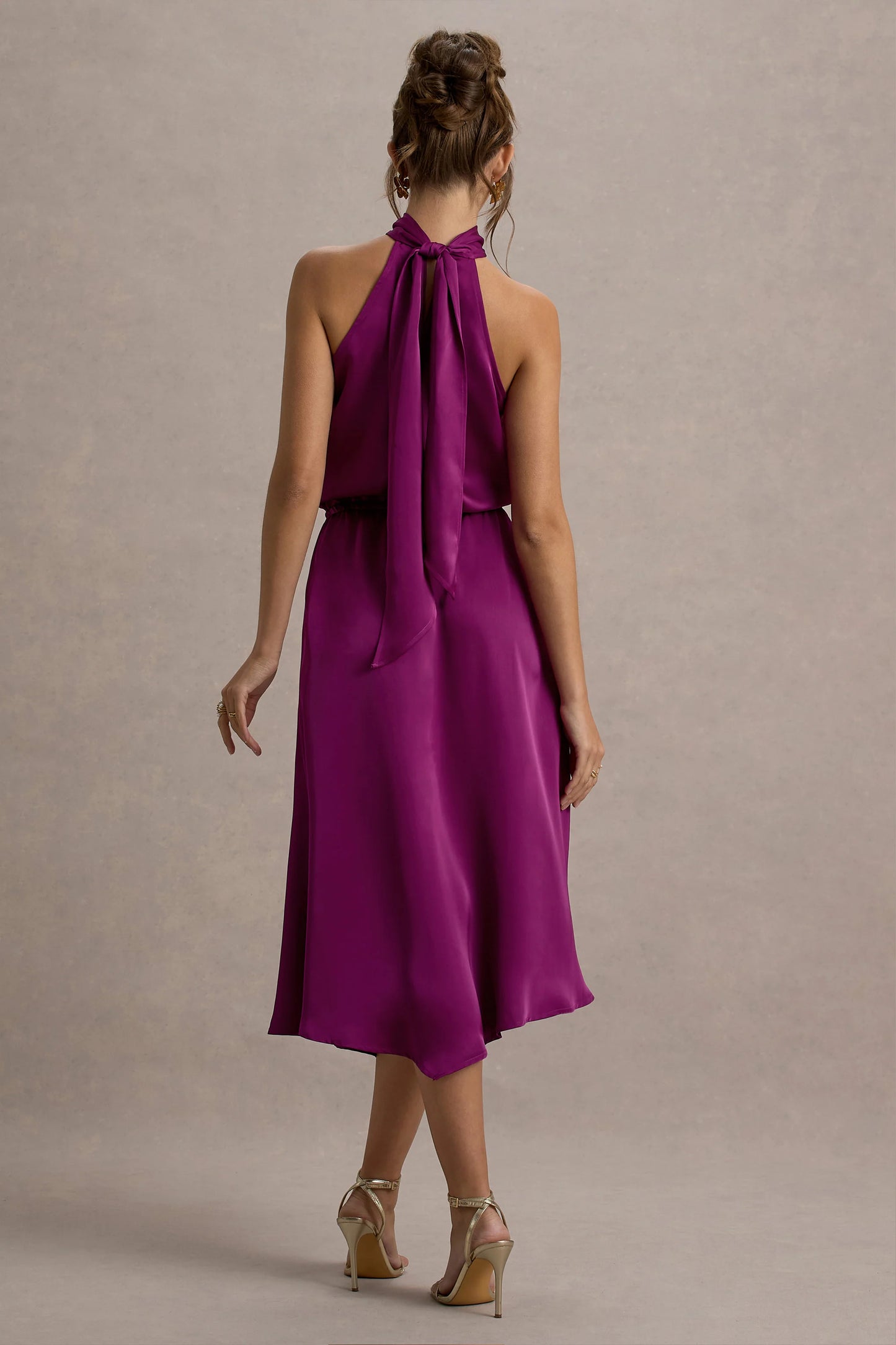 Palonia Dark Pink Satin High-Neck Split Midi Dress