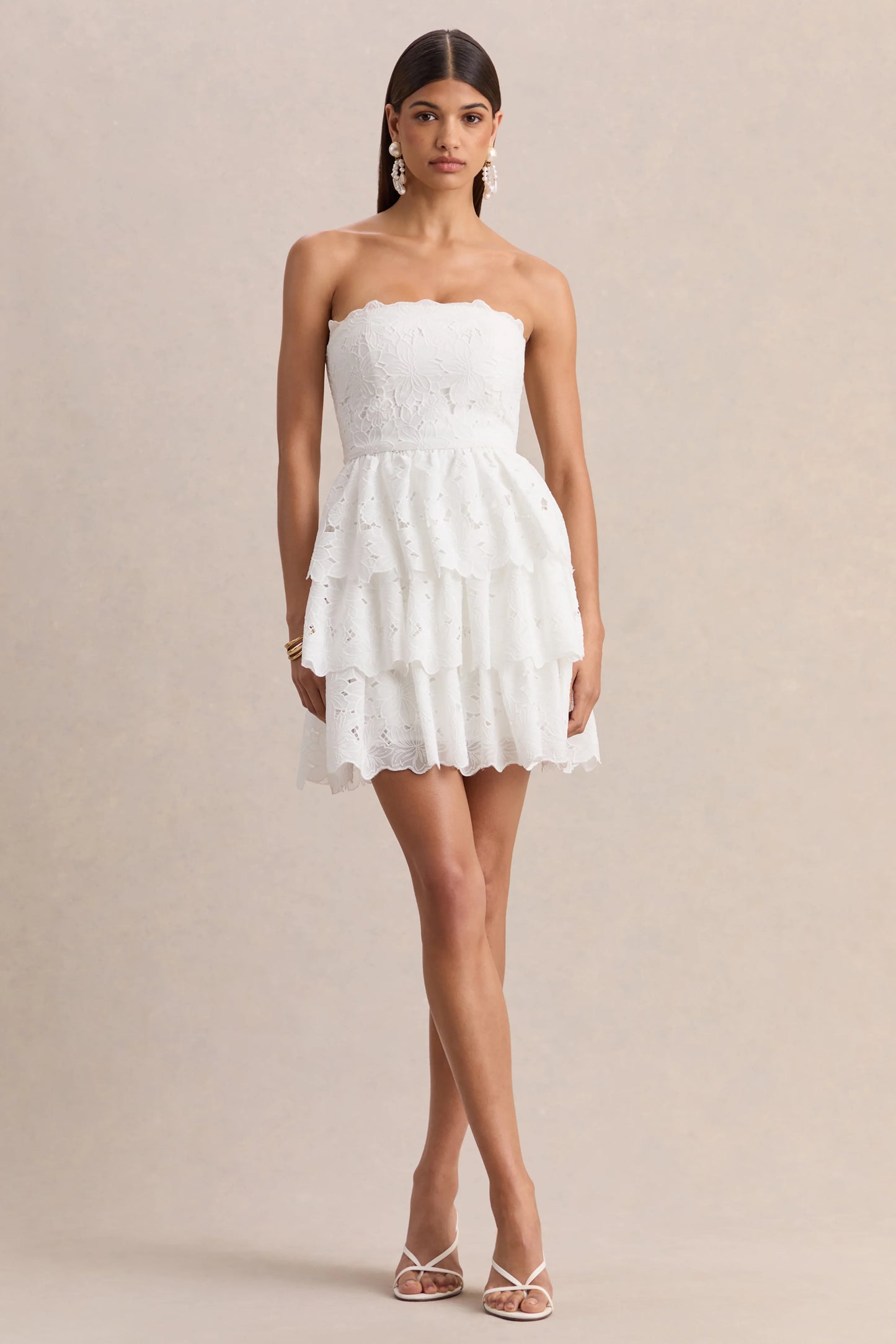 Winona White Lace Square-Neck Mini Dress With Ruffled Detailing