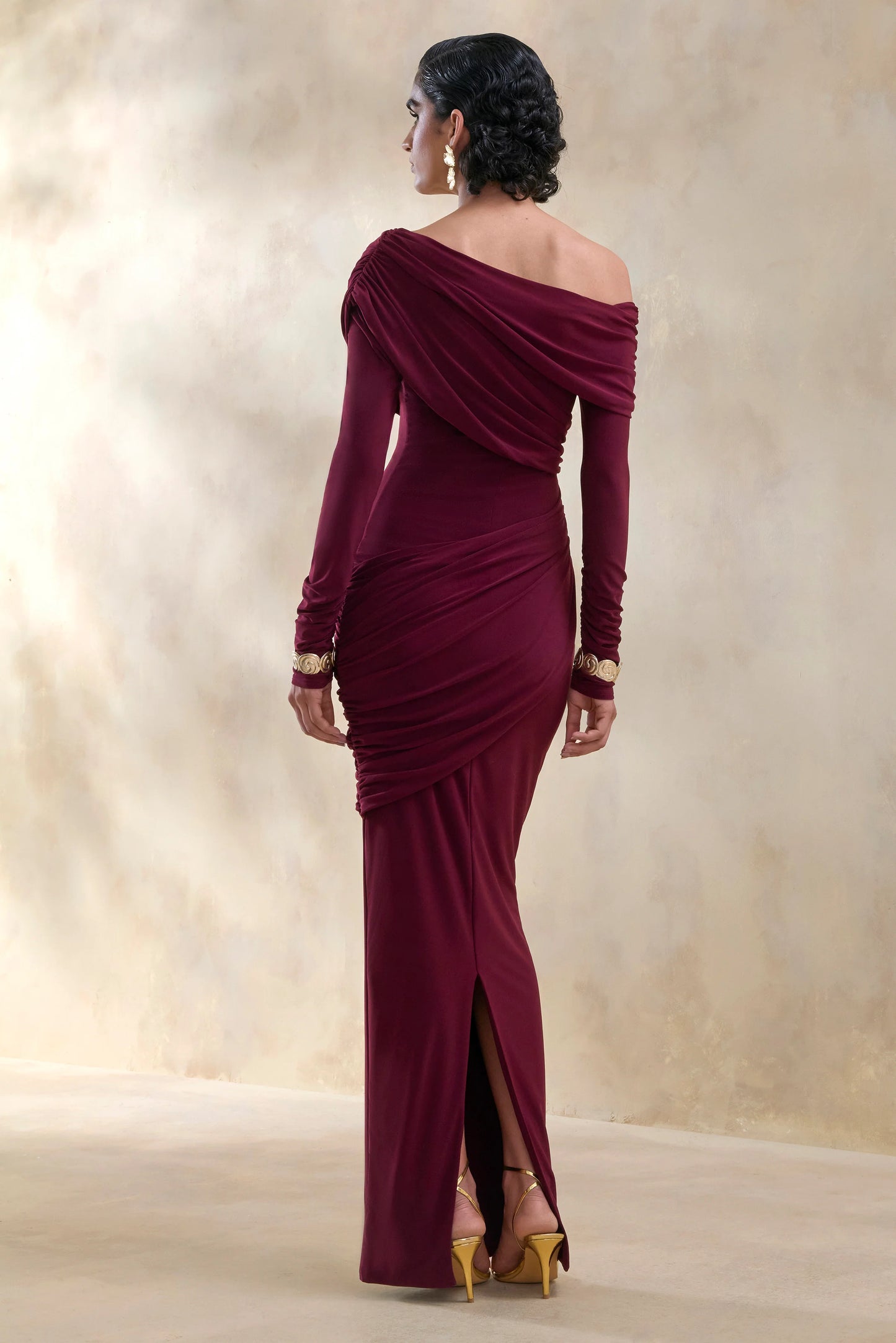 Rosirene Burgundy Asymmetric-Neck Maxi Dress With Draped-Detailing