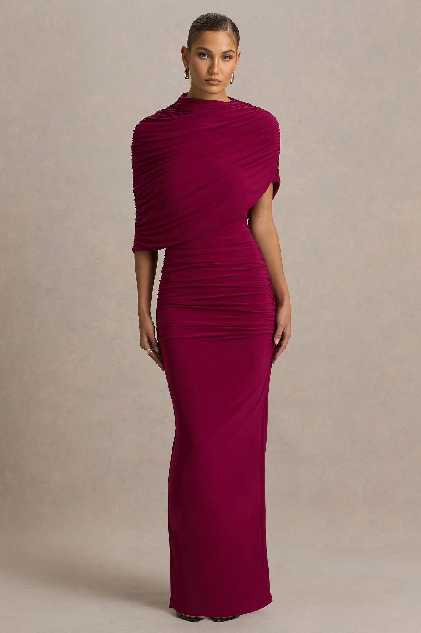 Glitz Burgundy High-Neck Maxi Dress With Cape Sleeve and Ruched Detailing