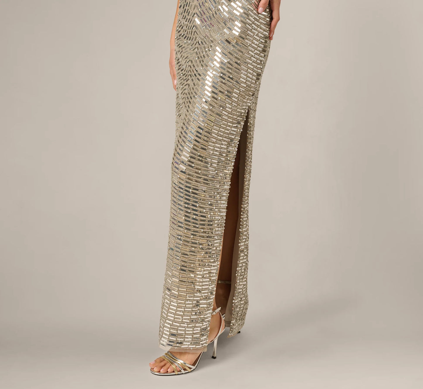 Plunge Neck Mirror Beaded Gown In Silver