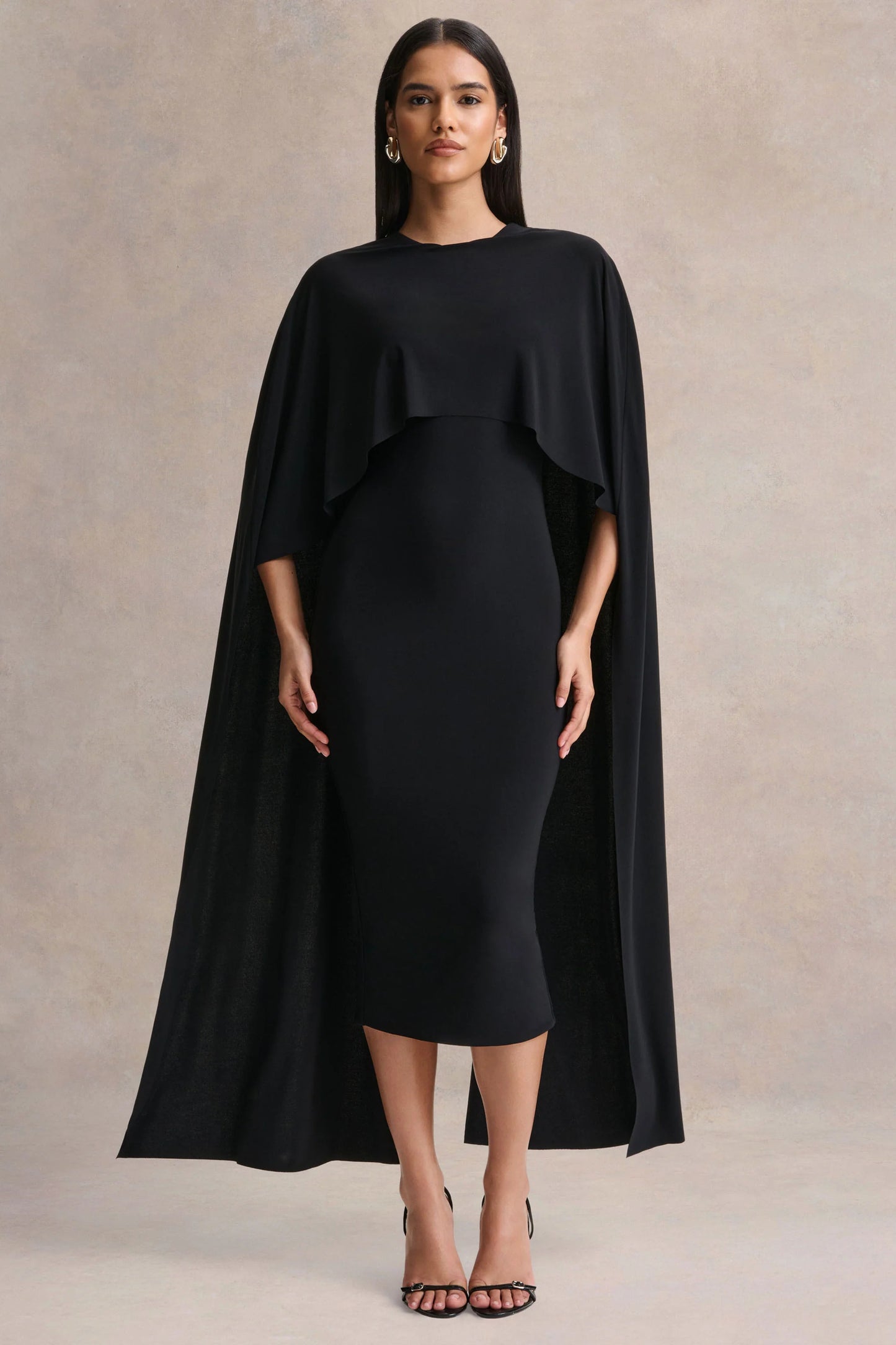 Kalani Black Crew-Neck Midi Dress With Cape-Sleeves