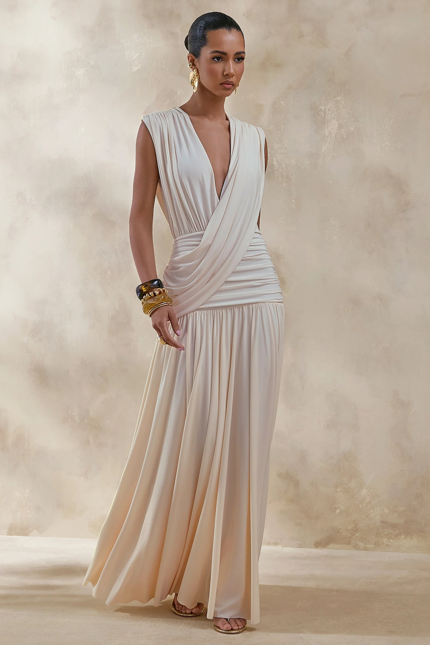 Glorina Cream Plunge-Neck Maxi Dress With Draped-Detailing