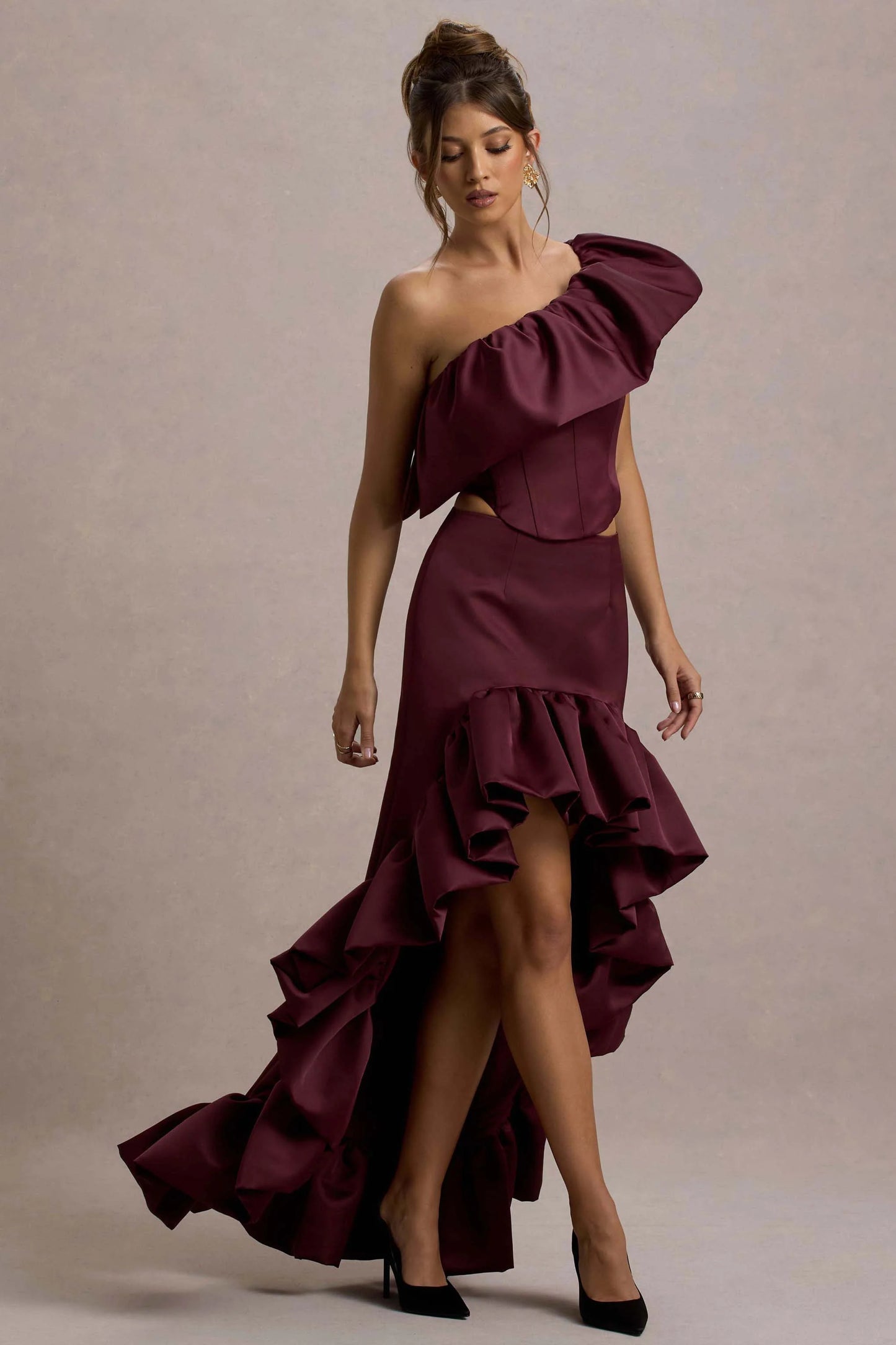 Ruby Merlot Satin High-Low Maxi Skirt