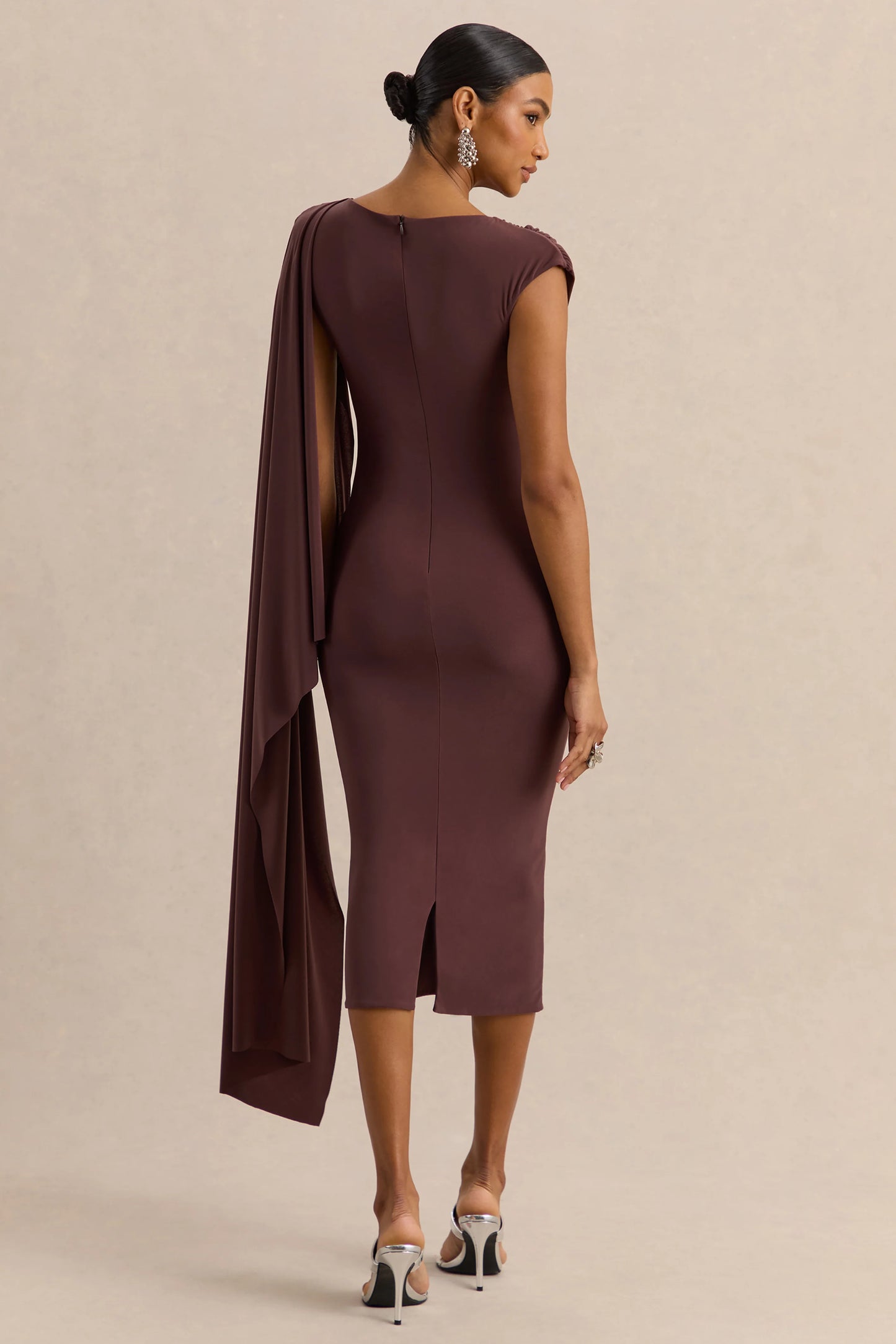 Kamoria Brown Round-Neck Midi Dress With Cape-Sleeve