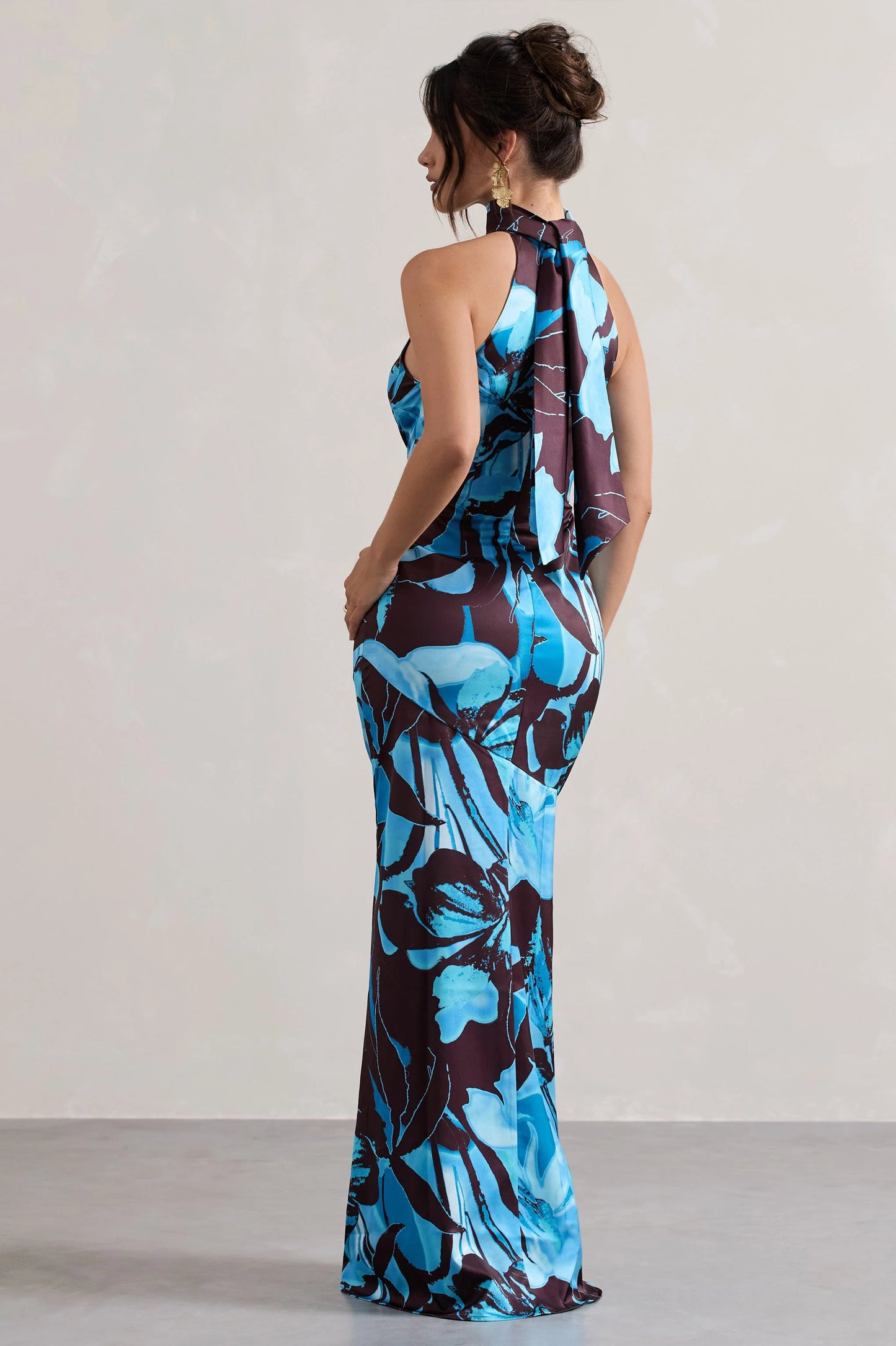 Adoria Floral Print Satin High-Neck Maxi Dress