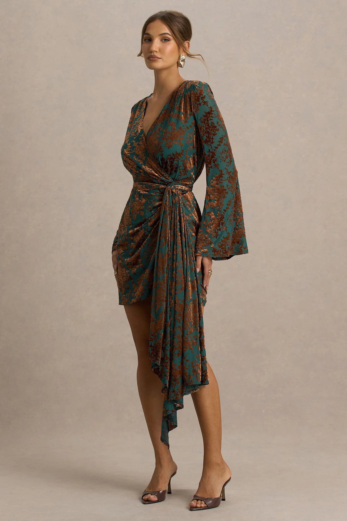Dimitra Dark Green And Brown Velvet Devore Plunge-Neck Wrap Mini Dress