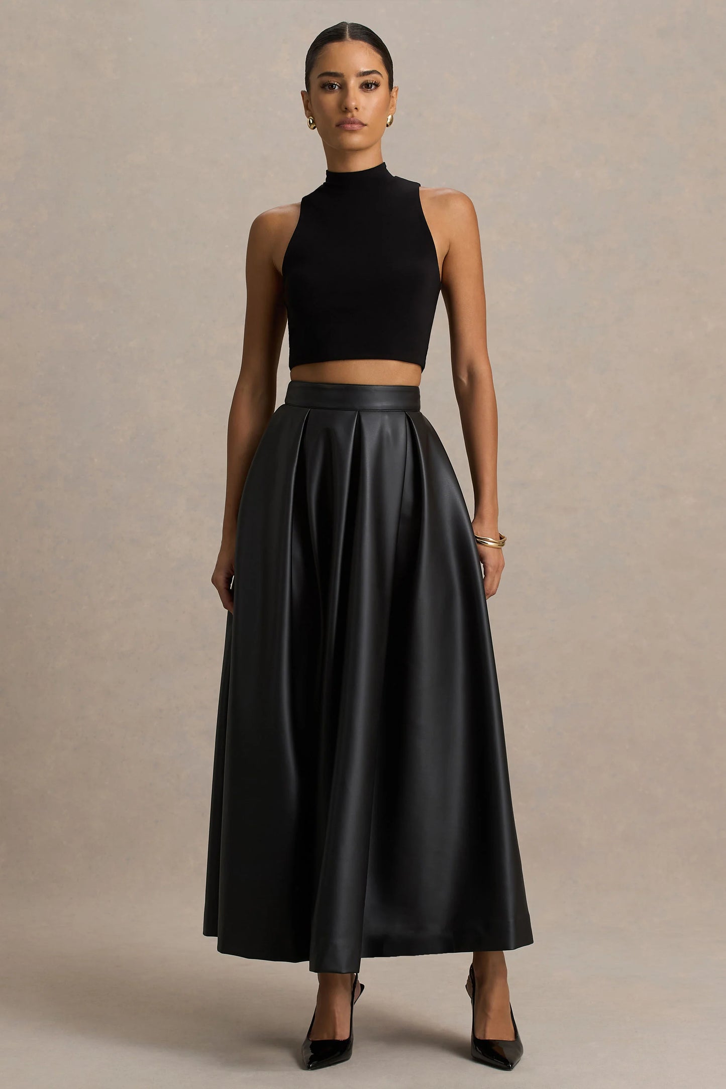 Noa Black Faux Leather A-Line Midi Skirt