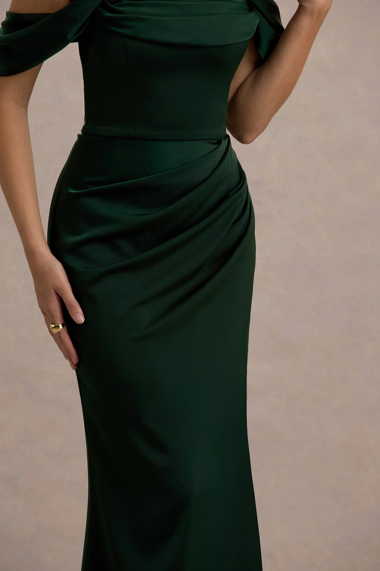 Annie Bottle Green Satin Bardot Maxi Dress With Split Wrap Skirt