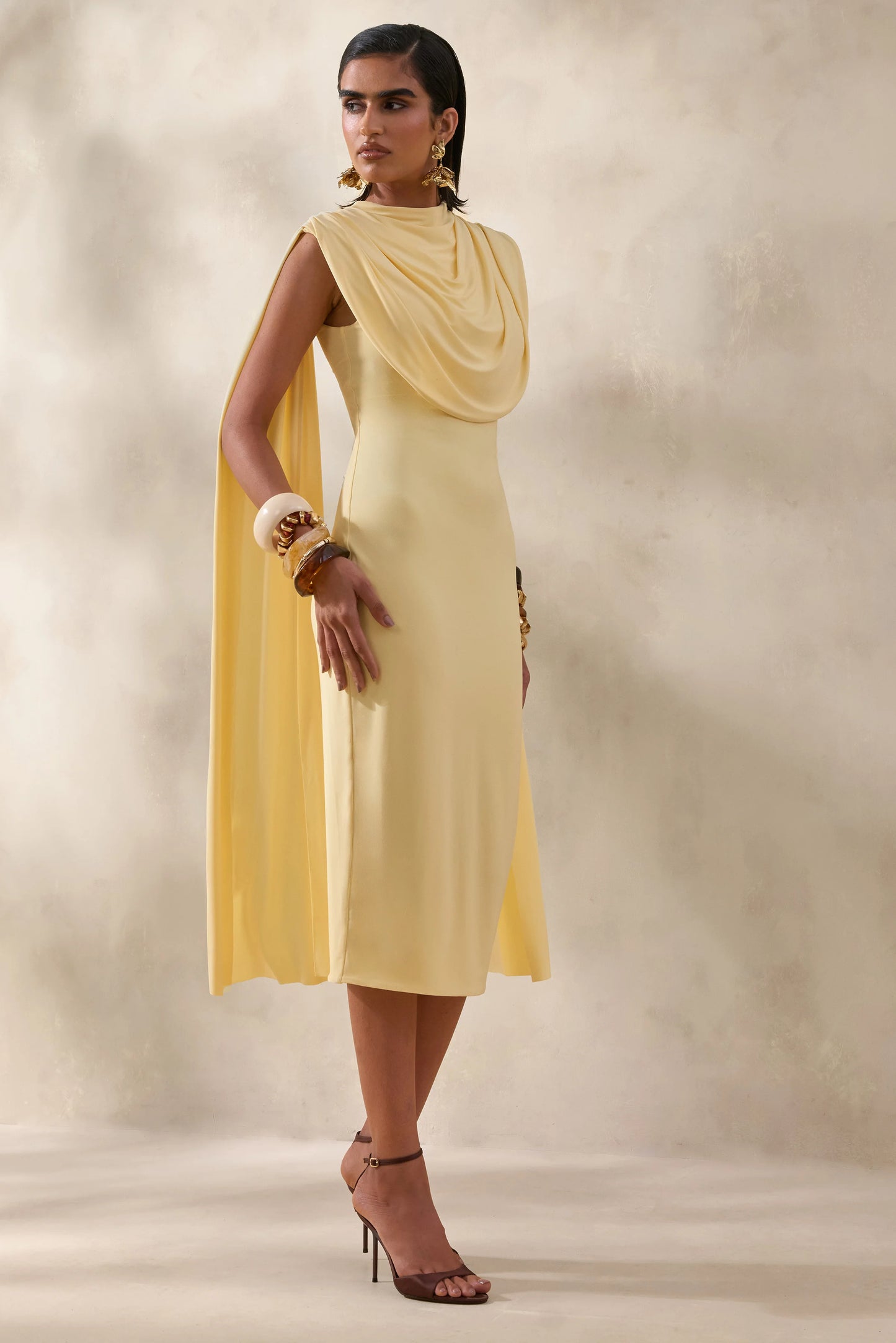 Lysandria Lemon High-Neck Midi Dress With Draped-Detailing