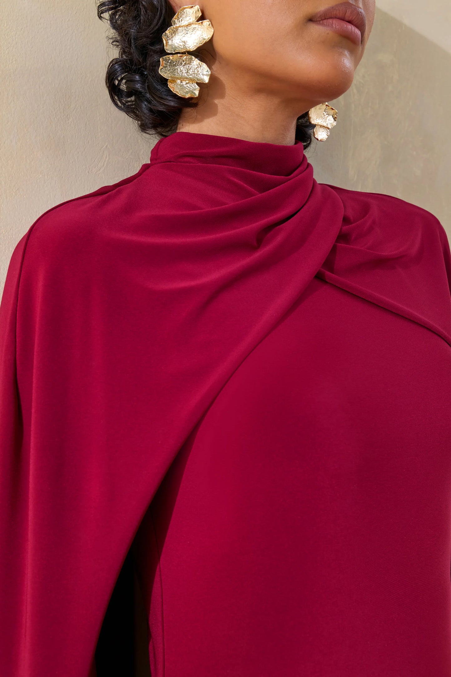 Dianelle Berry High-Neck Maxi Dress With Cape-Sleeves