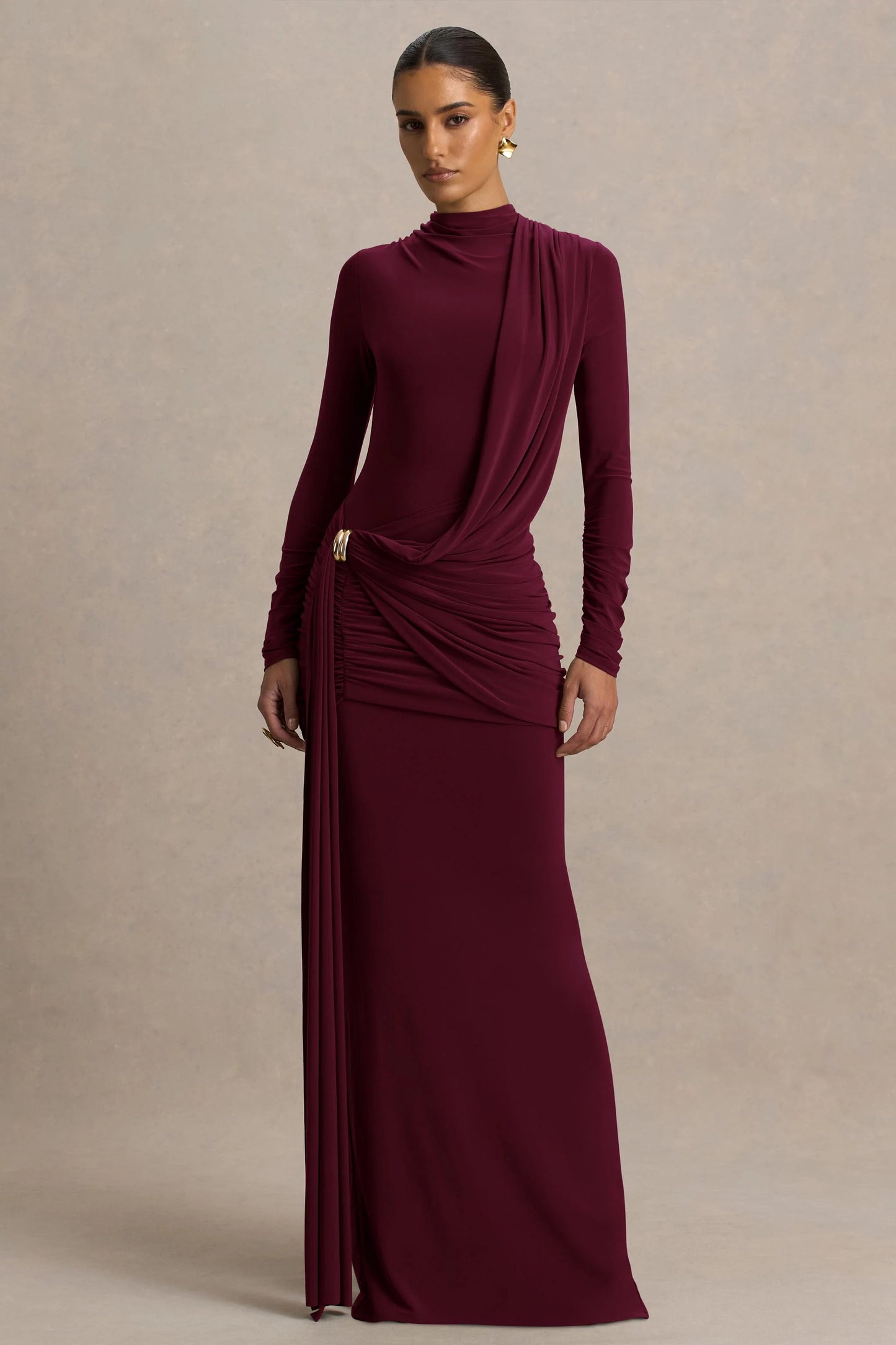 Melissa Burgundy Long-Sleeve Wrap Maxi Dress With Draped Detailing