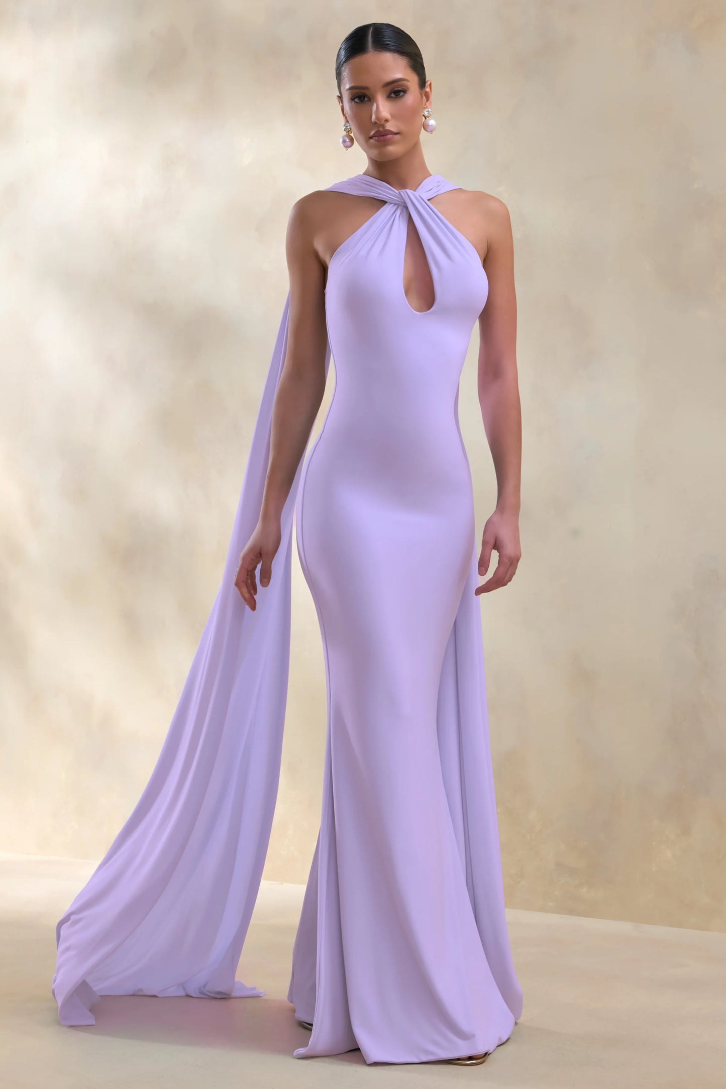 Rhoda Lilac Twist Halter-Neck Cape Maxi Dress