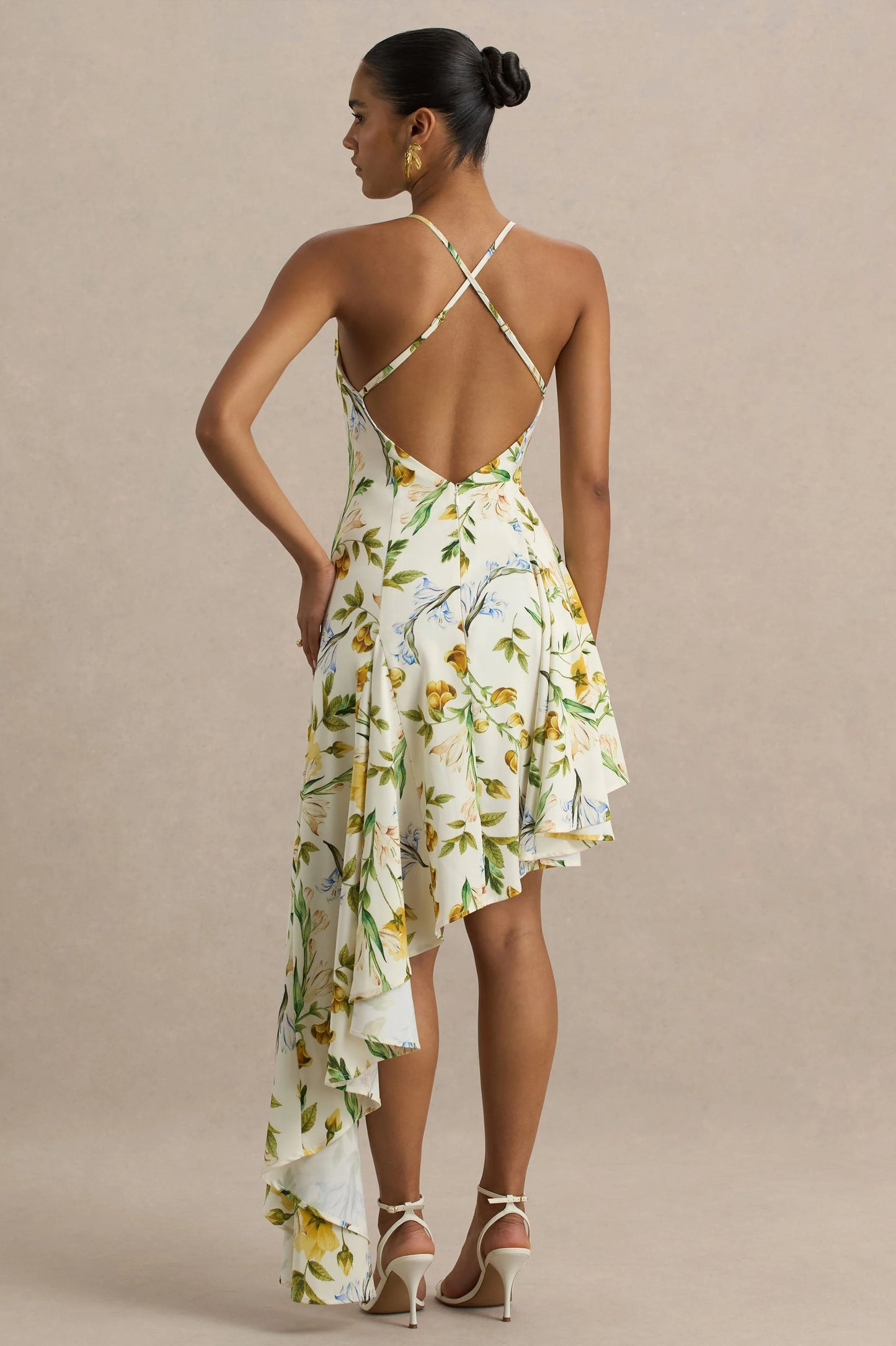 Glint Lemon Floral Print Satin Plunge-Neck Maxi Dress With Asymmetric Hem