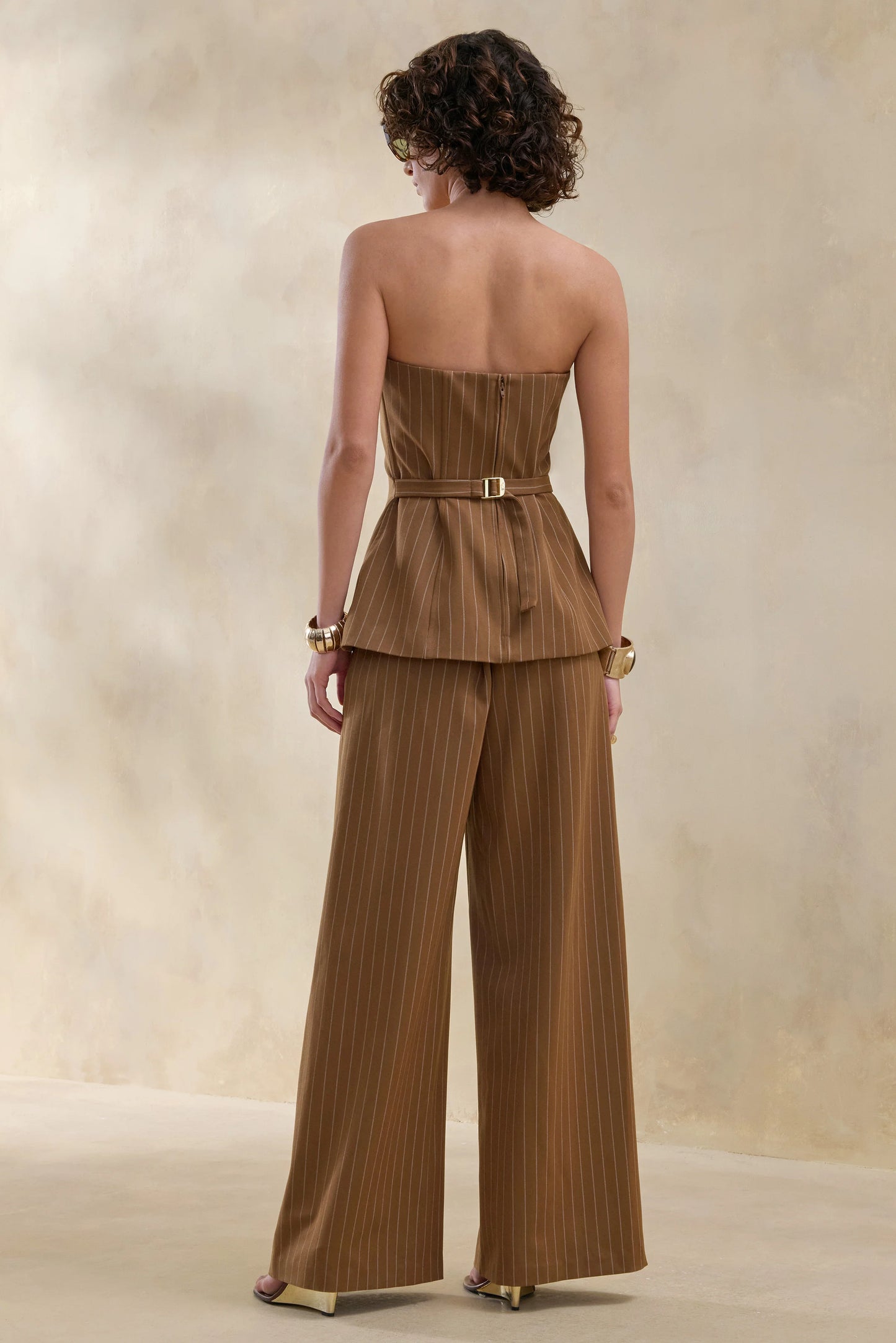 Meliva Brown Pinstripe Wide-Leg Tailored Trouser