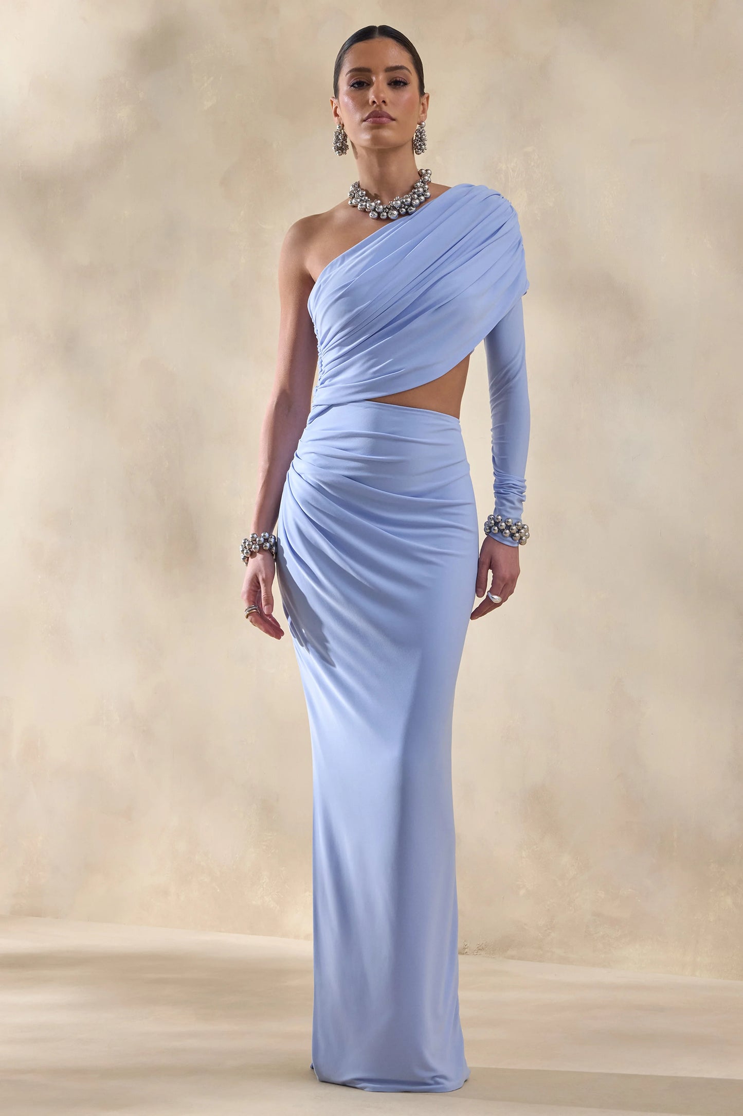 Malika Powder Blue Asymmetric-Neck Maxi Dress With Body-Cut Out And Gathered Detailing