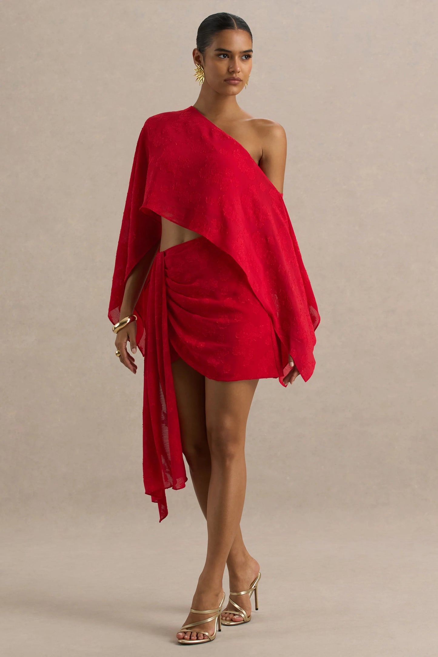 Melania Red Satin Devore Wrap Mini Skirt With Sash Detail