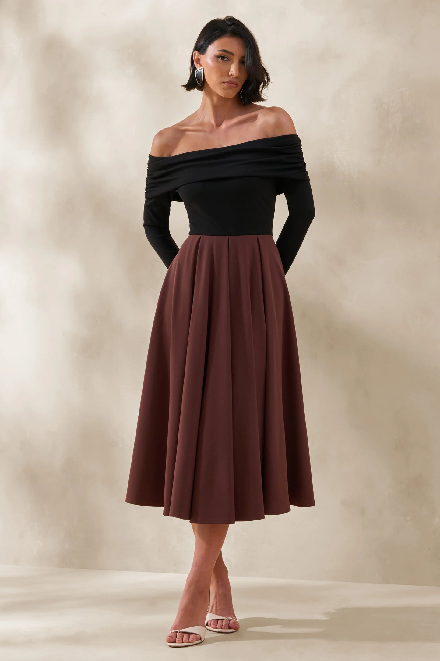 Frederica Black And Brown Bardot-Neck Midi Dress
