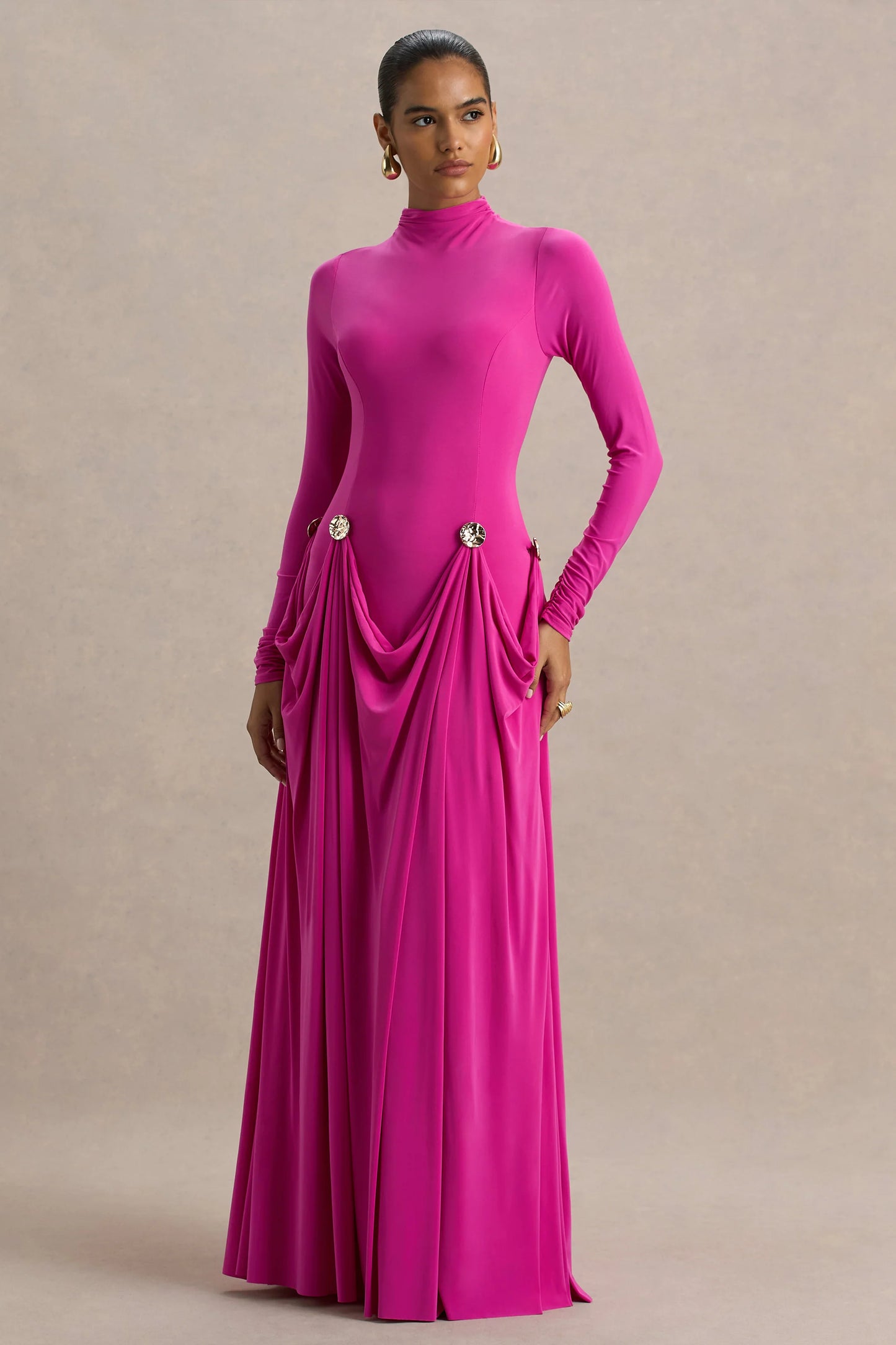 Caprice Hot Pink High-Neck Maxi Dress With Embellished Details
