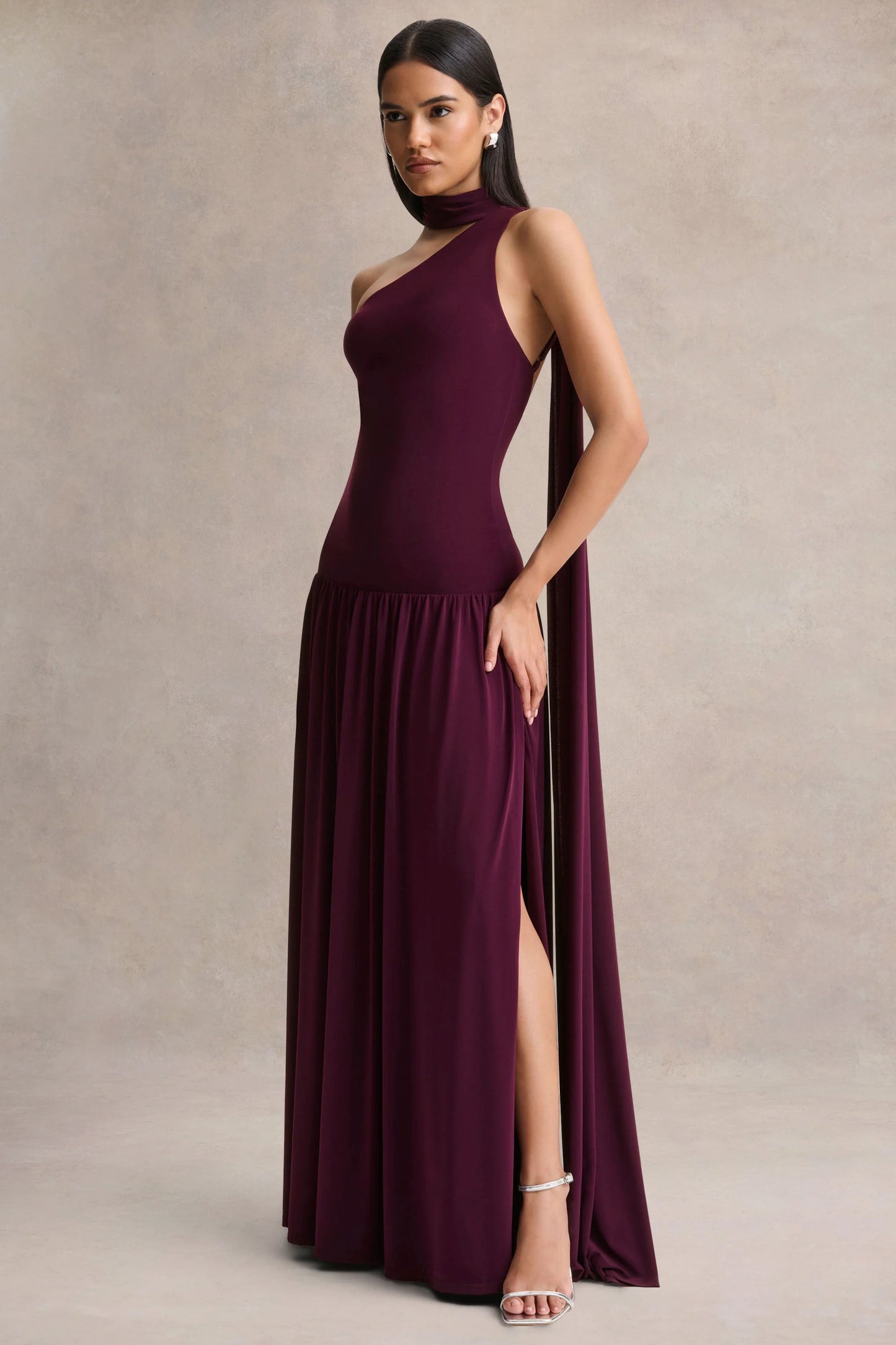Freesia Plum Asymmetric-Neck Maxi Dress With Scarf-Detail