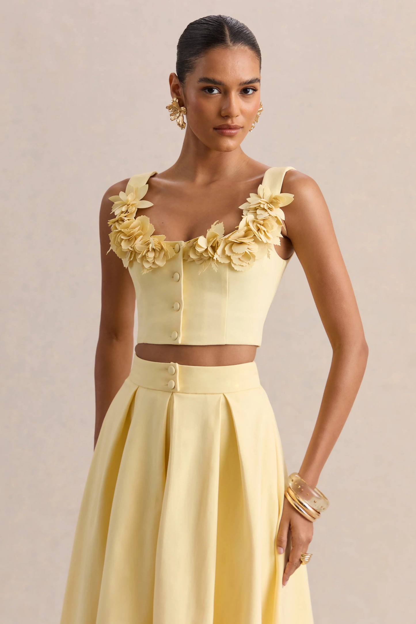 Caprielle Lemon Scoop-Neck Crop-Top With Corsage Detailing