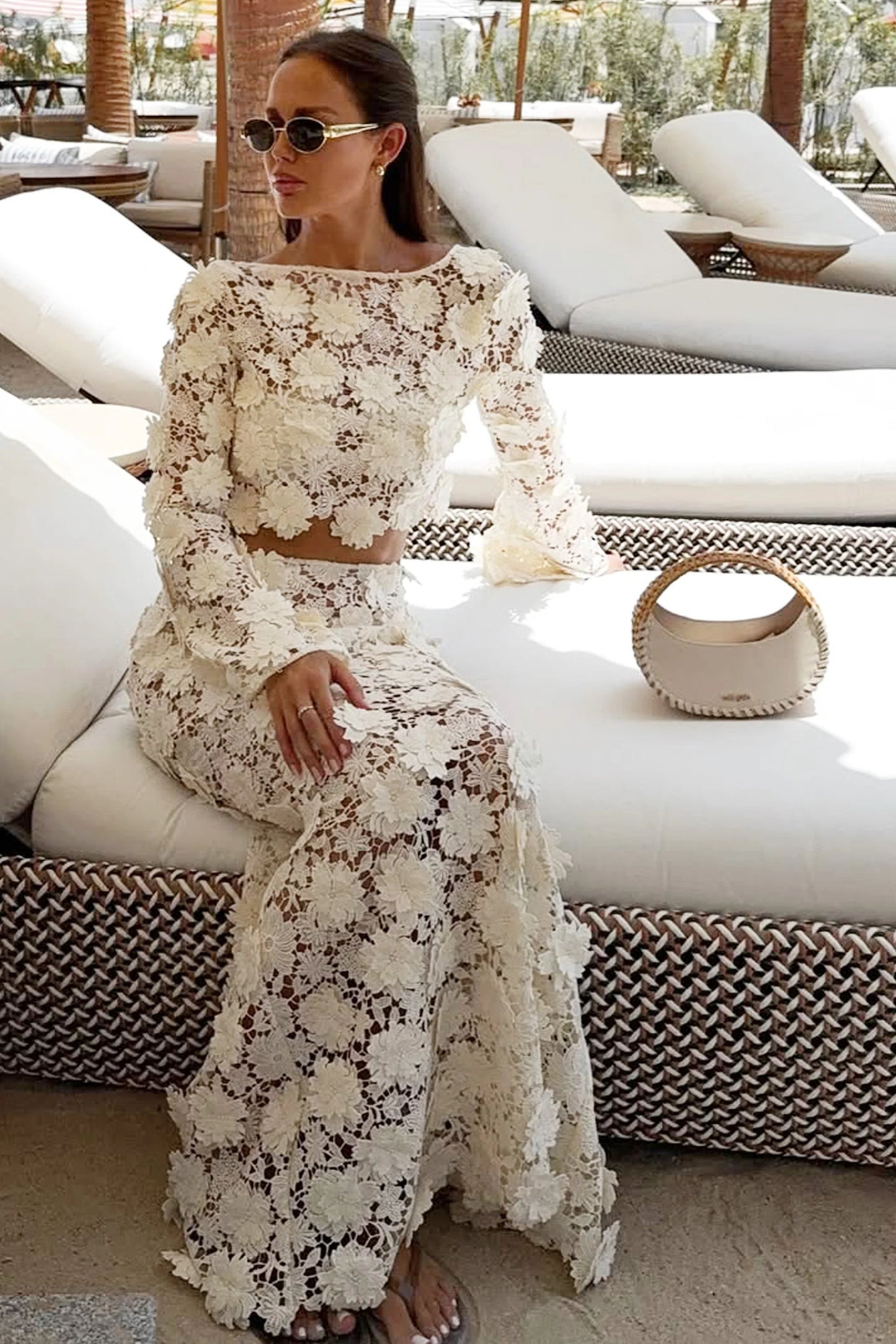 Ibiza Cream Lace Bell-Sleeve Crop Top