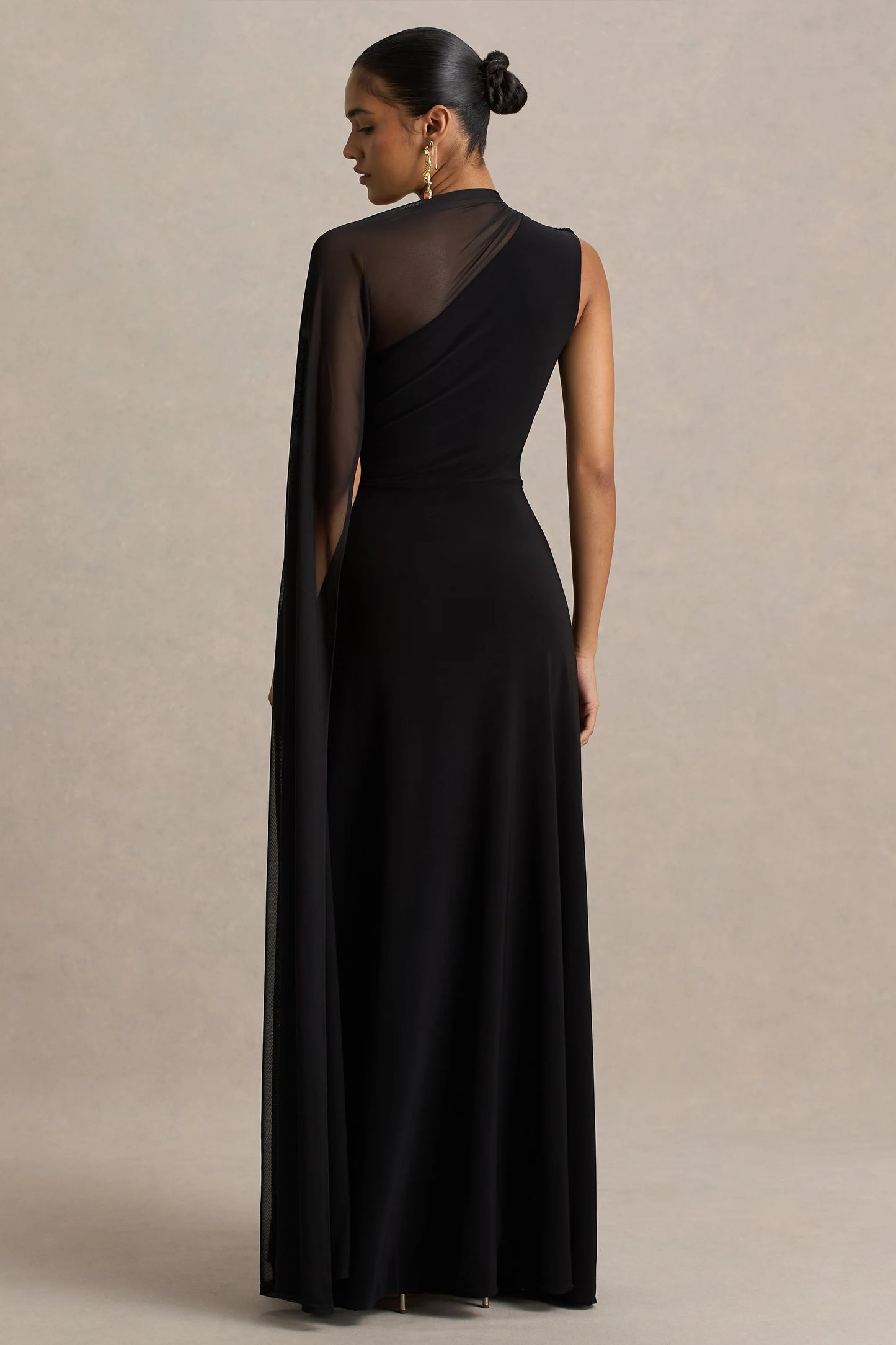 Selena Black High-Neck Maxi Dress With Cut-Out And Cape Sleeve Detail