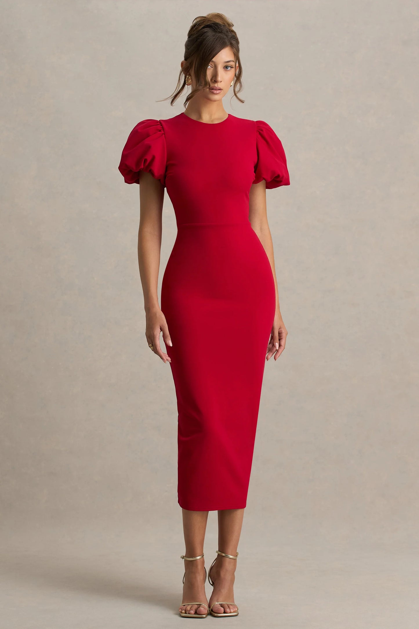 Dakota Red Puff-Sleeve Midi Dress