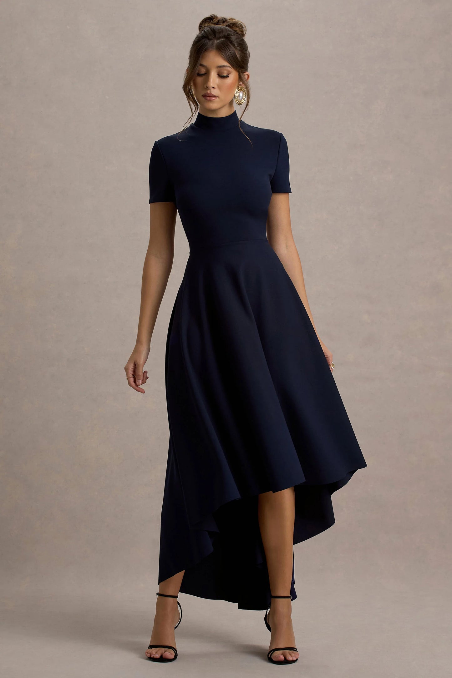 Bellona Navy High-Neck High-Low Midi Dress